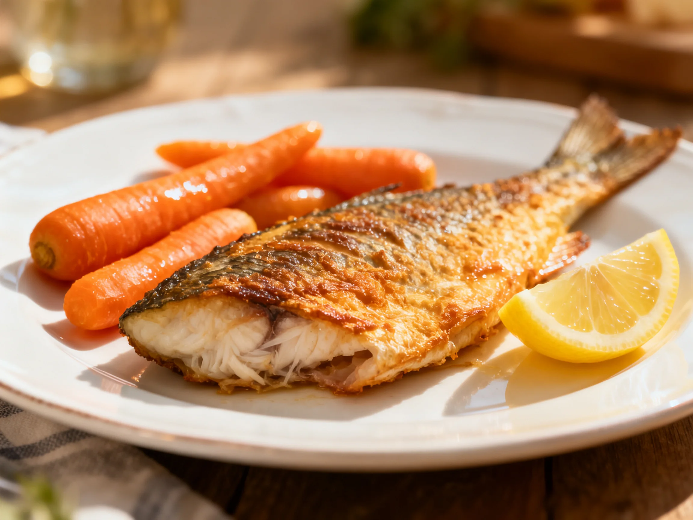 Golden-brown fried fish with orange carrots and yellow lemon on white plate