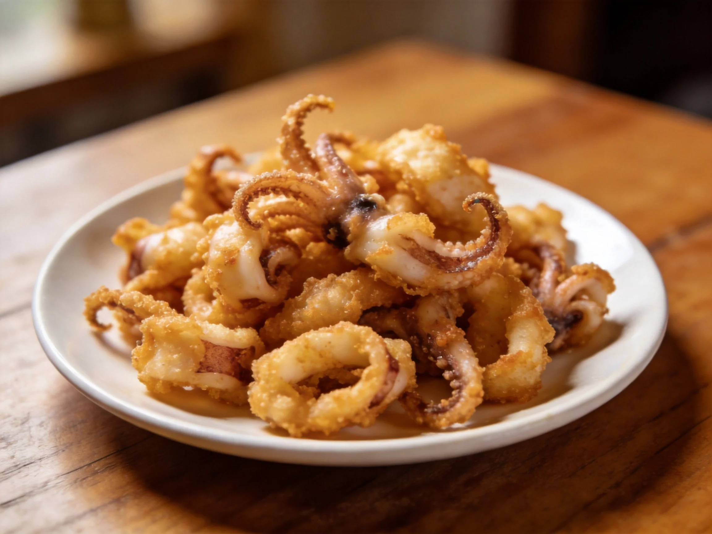 Golden-brown fried squid rings stacked on a white plate