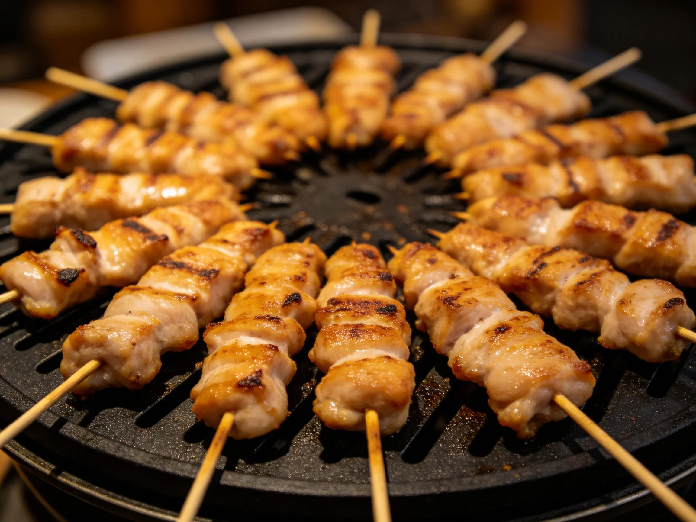 Golden-brown grilled chicken skewers arranged circularly on a black grill