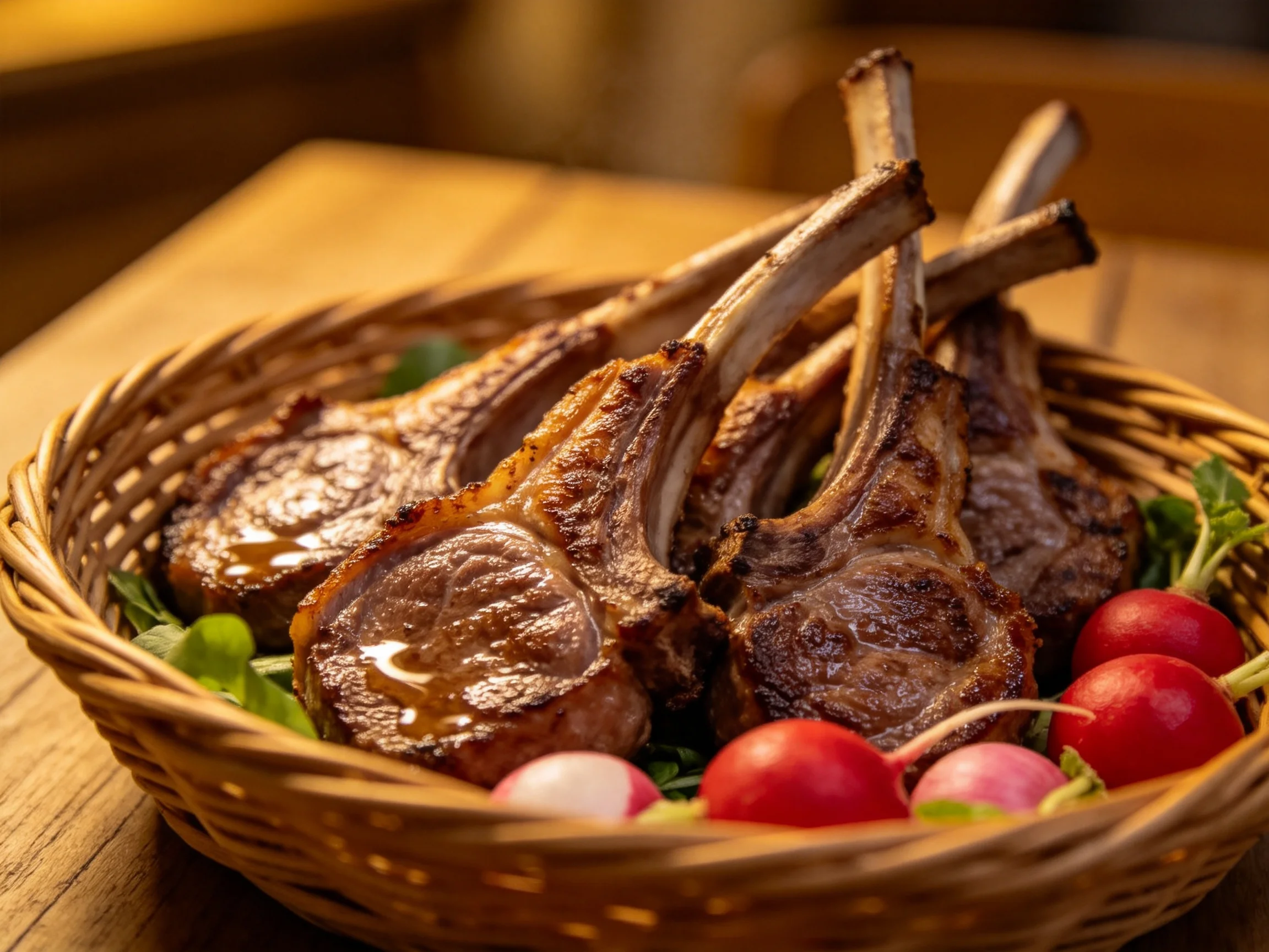 Golden-brown grilled lamb chops in a wicker basket with red radishes