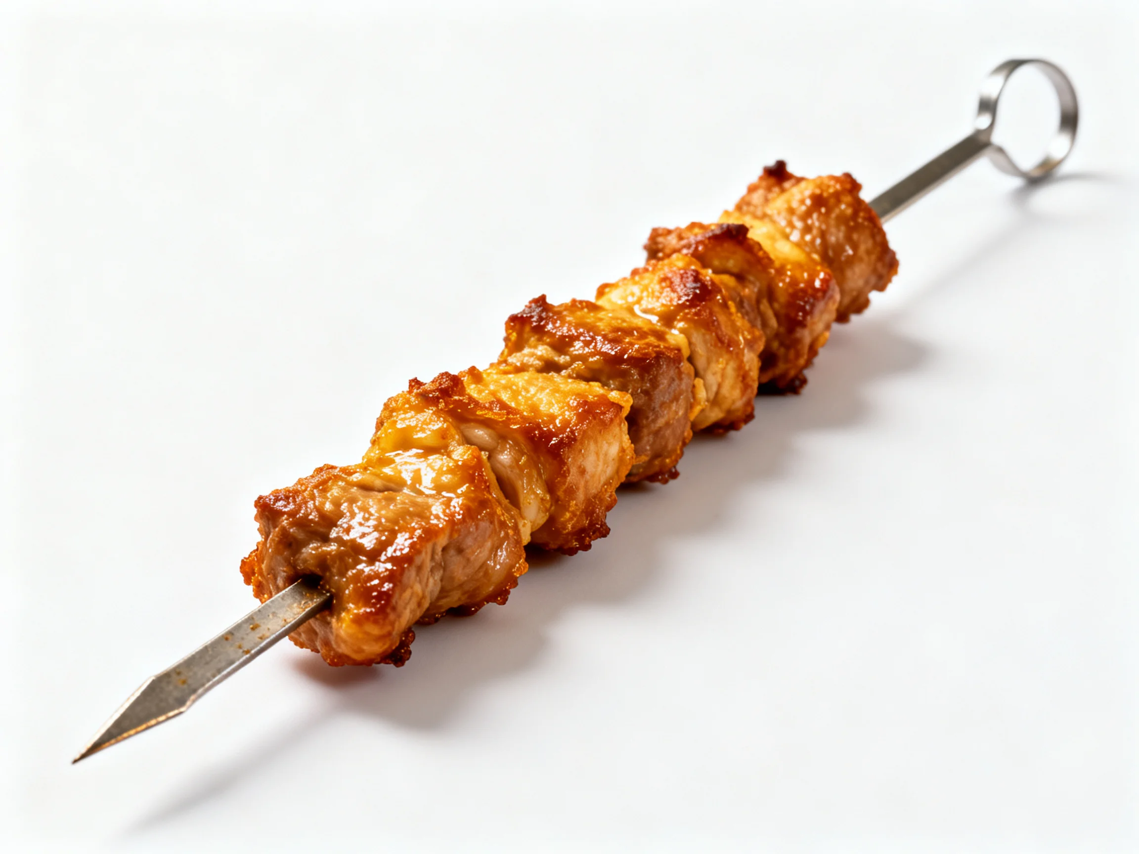 Golden-brown grilled meat skewer on metal rod with loop