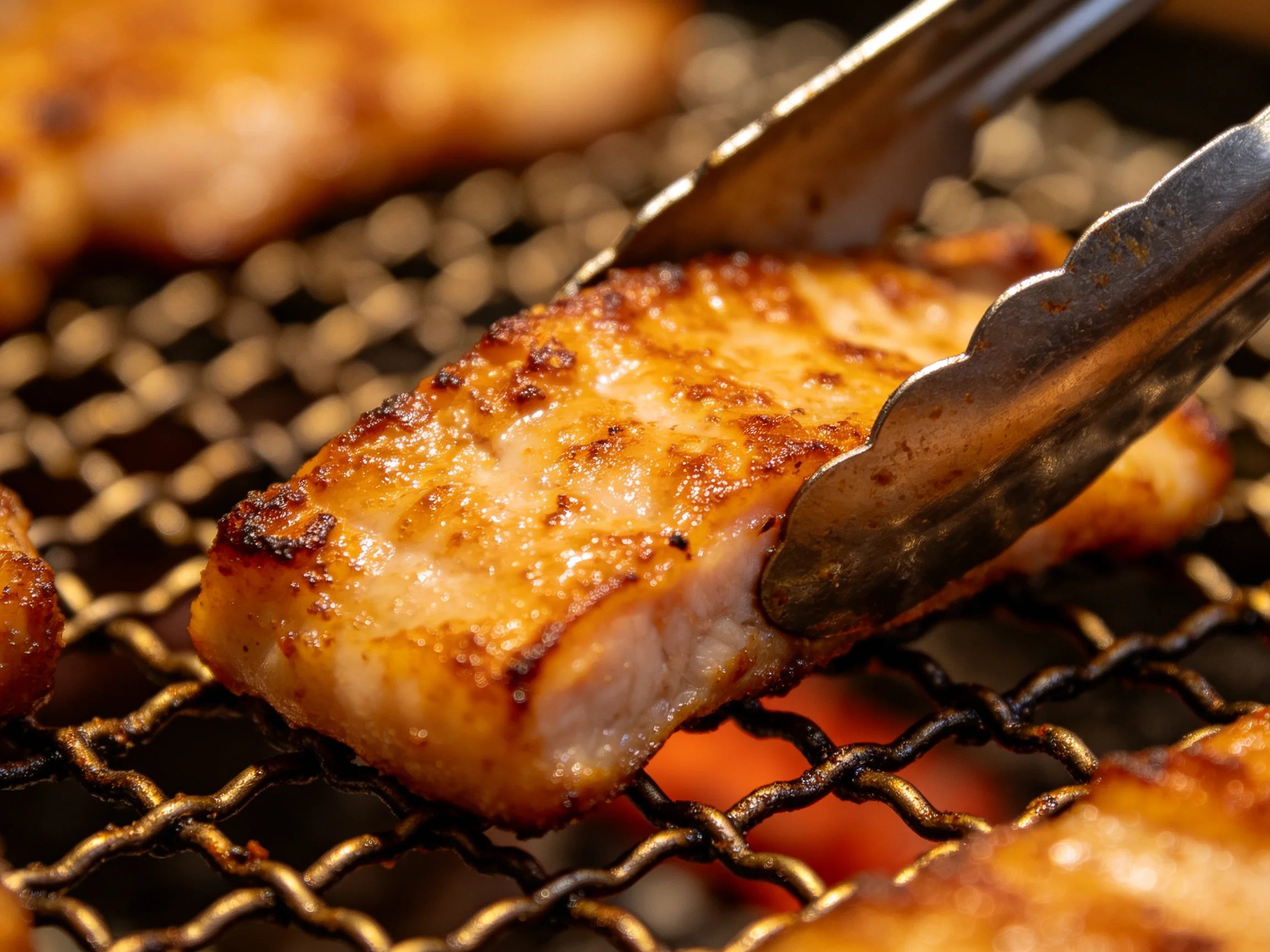 Golden-brown grilled meat turned with metal tongs over a wire grill