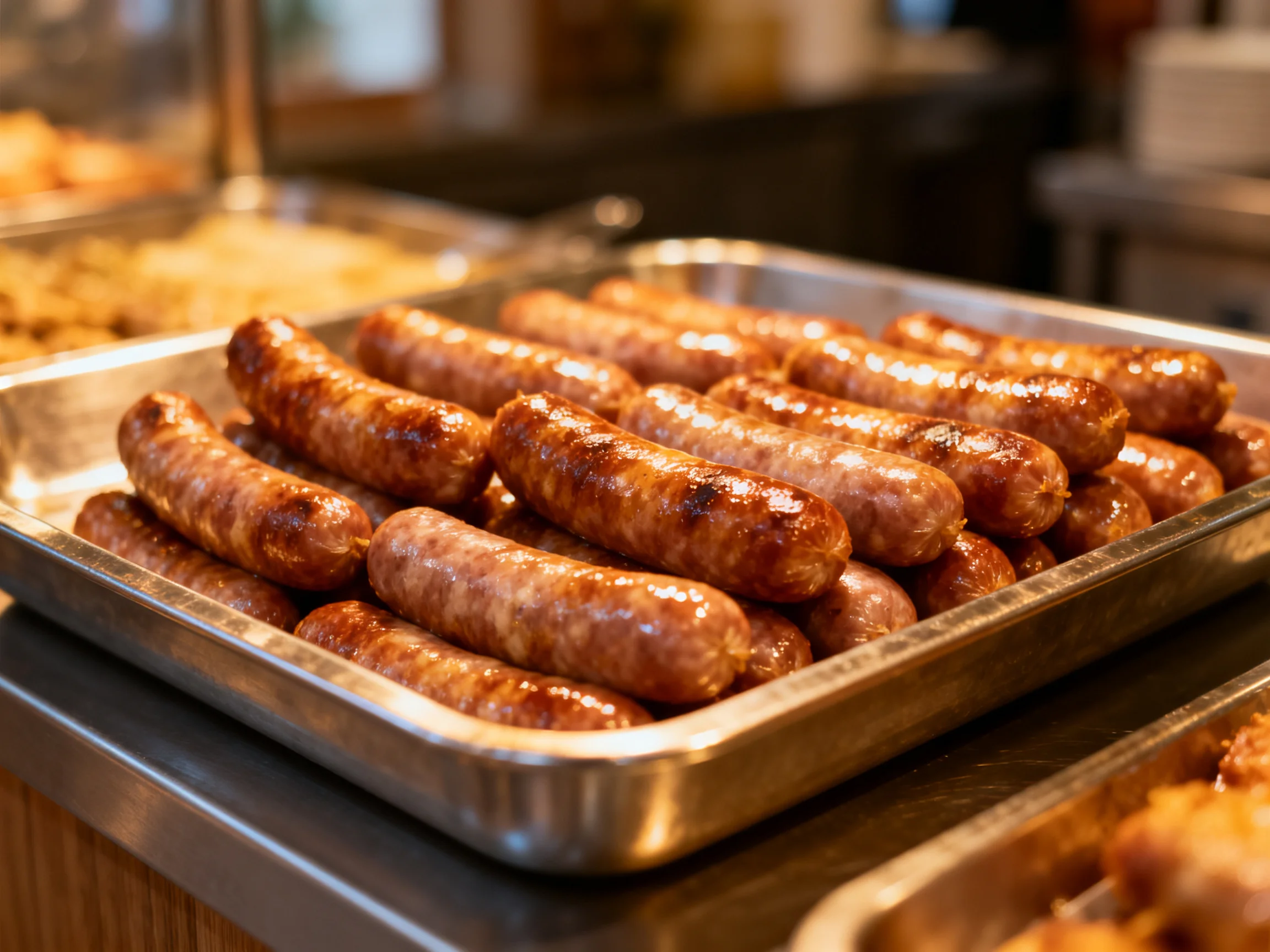 Golden-brown grilled sausages in a metallic serving tray