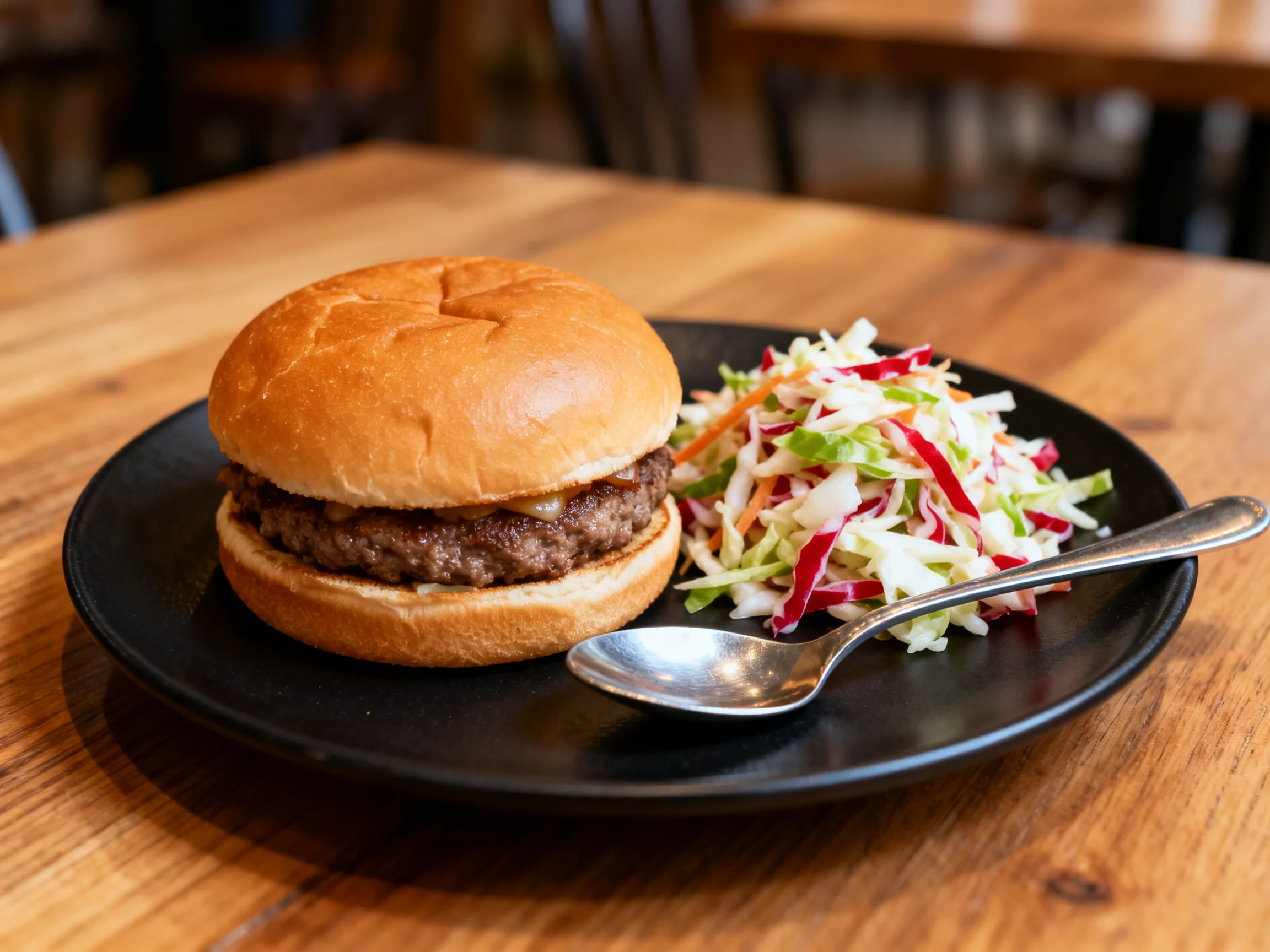 Golden-brown hamburger with colorful slaw on a black plate