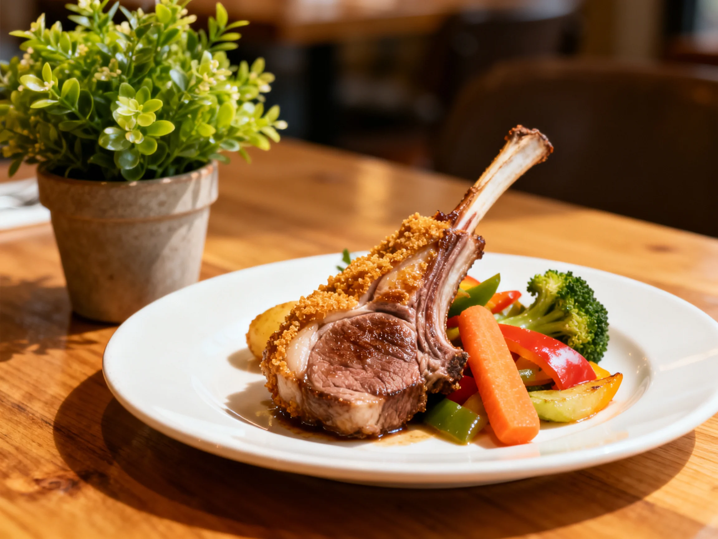 Golden-brown lamb chop with colorful veggies on a white plate next to a small plant
