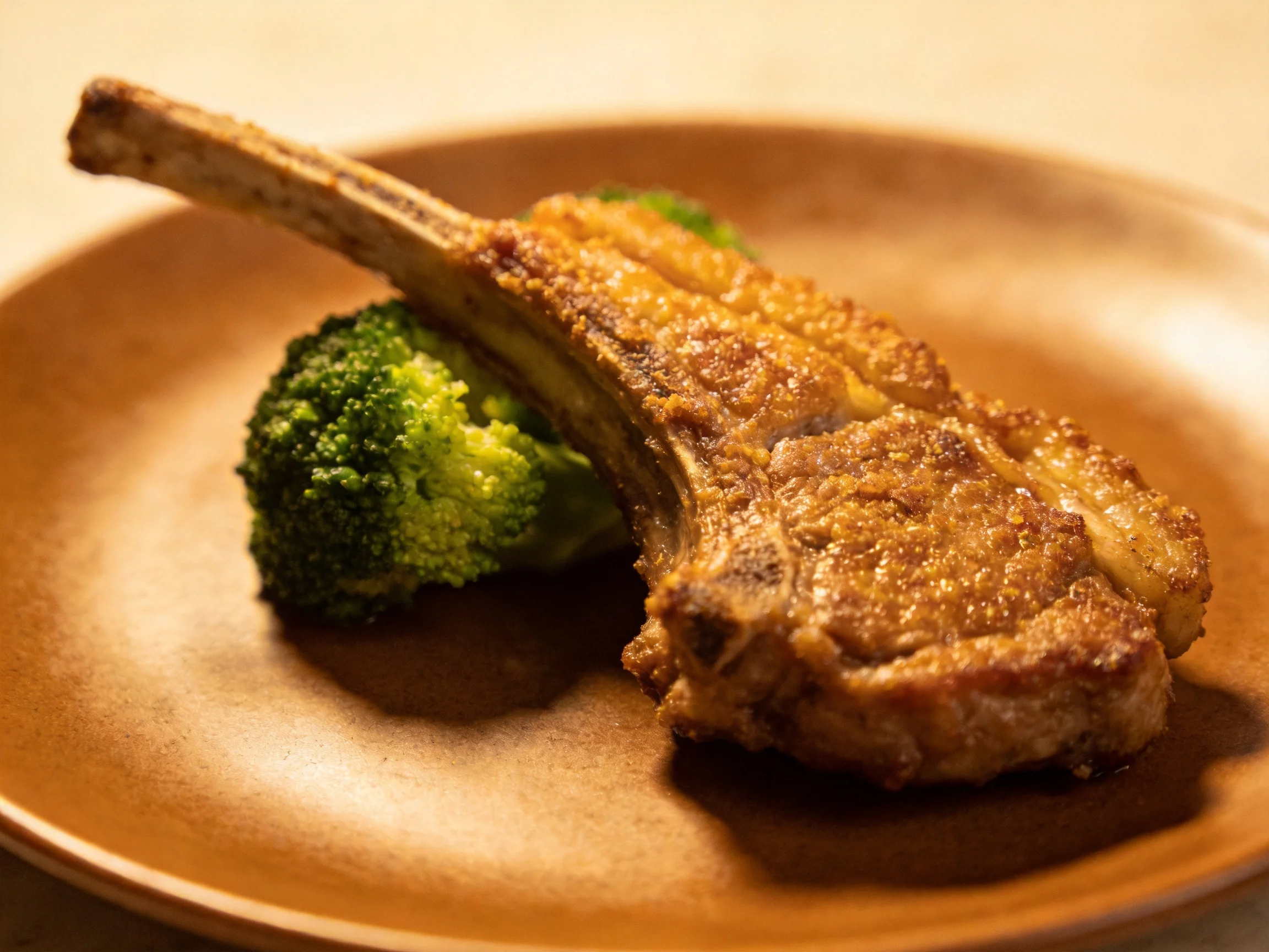 Golden-brown lamb chop with green broccoli on a terracotta plate