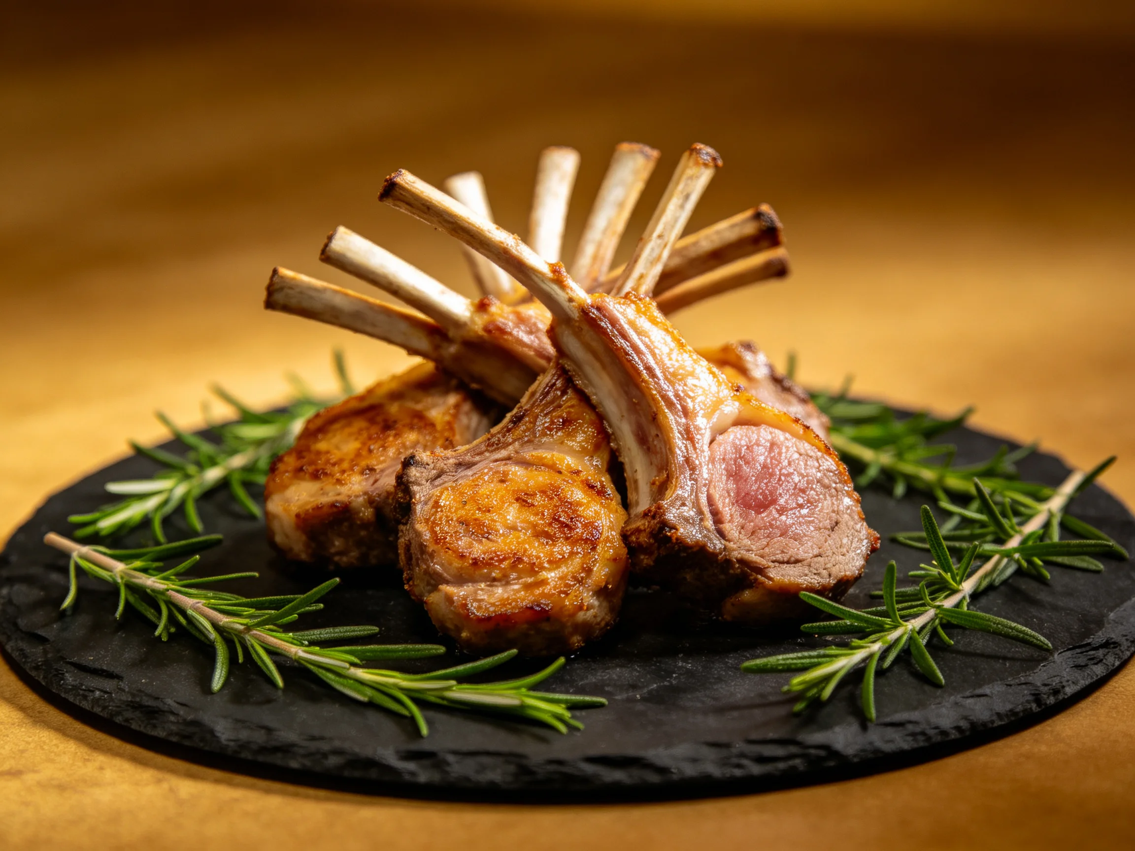 Golden-brown lamb chops on a black slate platter with rosemary garnish
