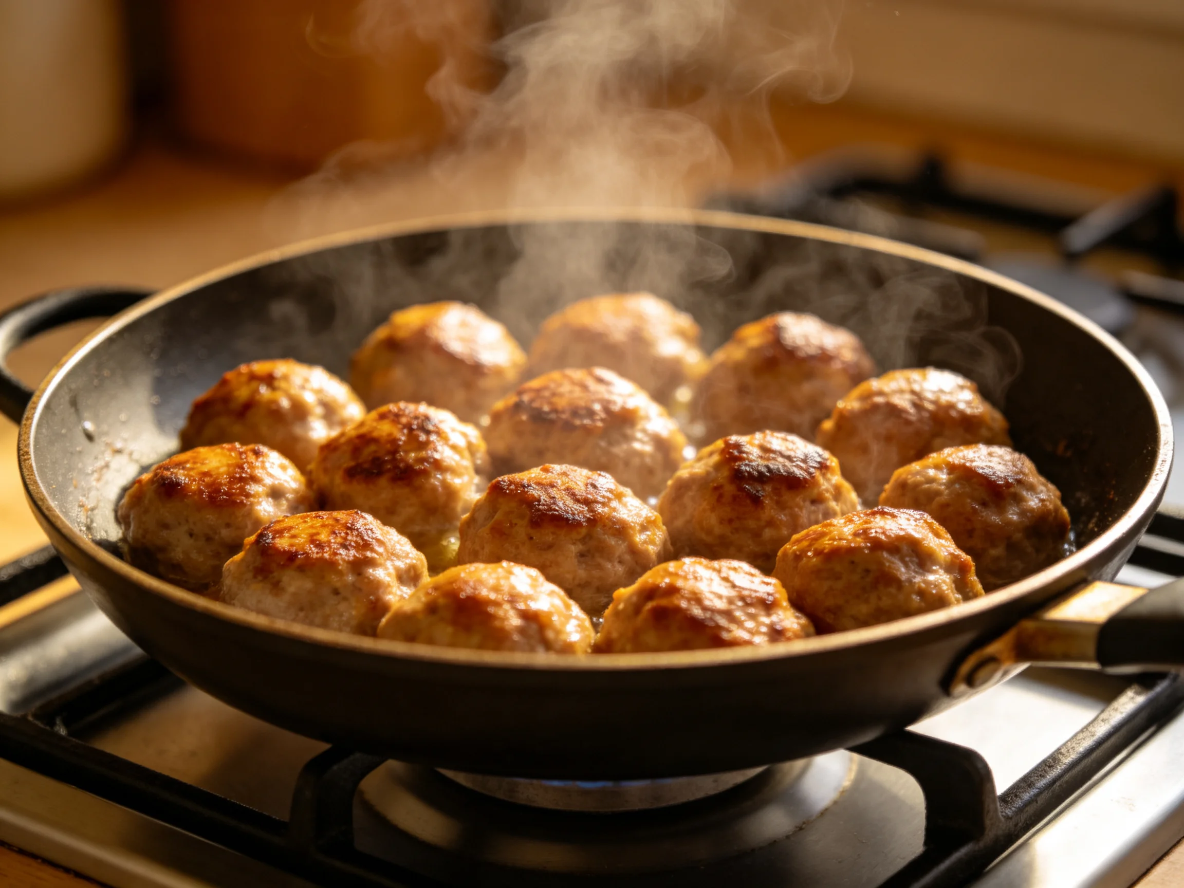 Golden-brown meatballs frying in a black skillet on a stove