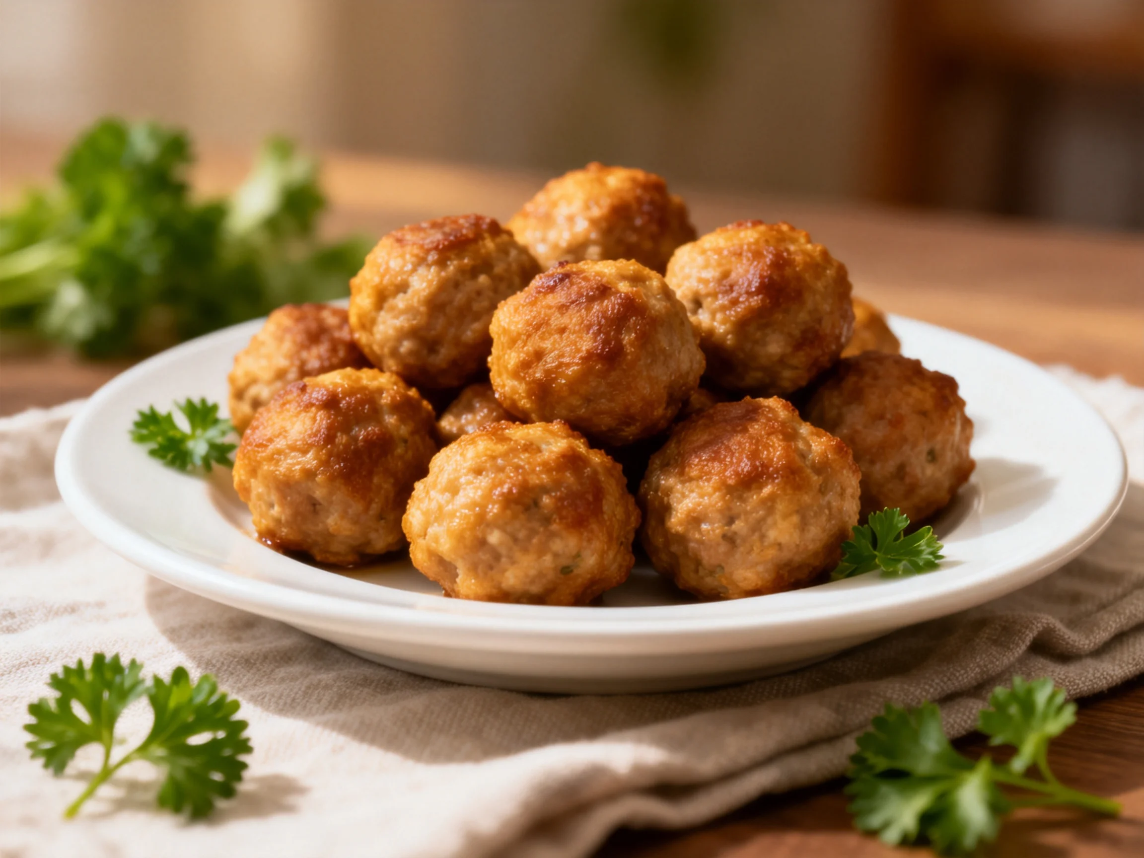 Golden-brown meatballs piled high on a white plate with fresh parsley