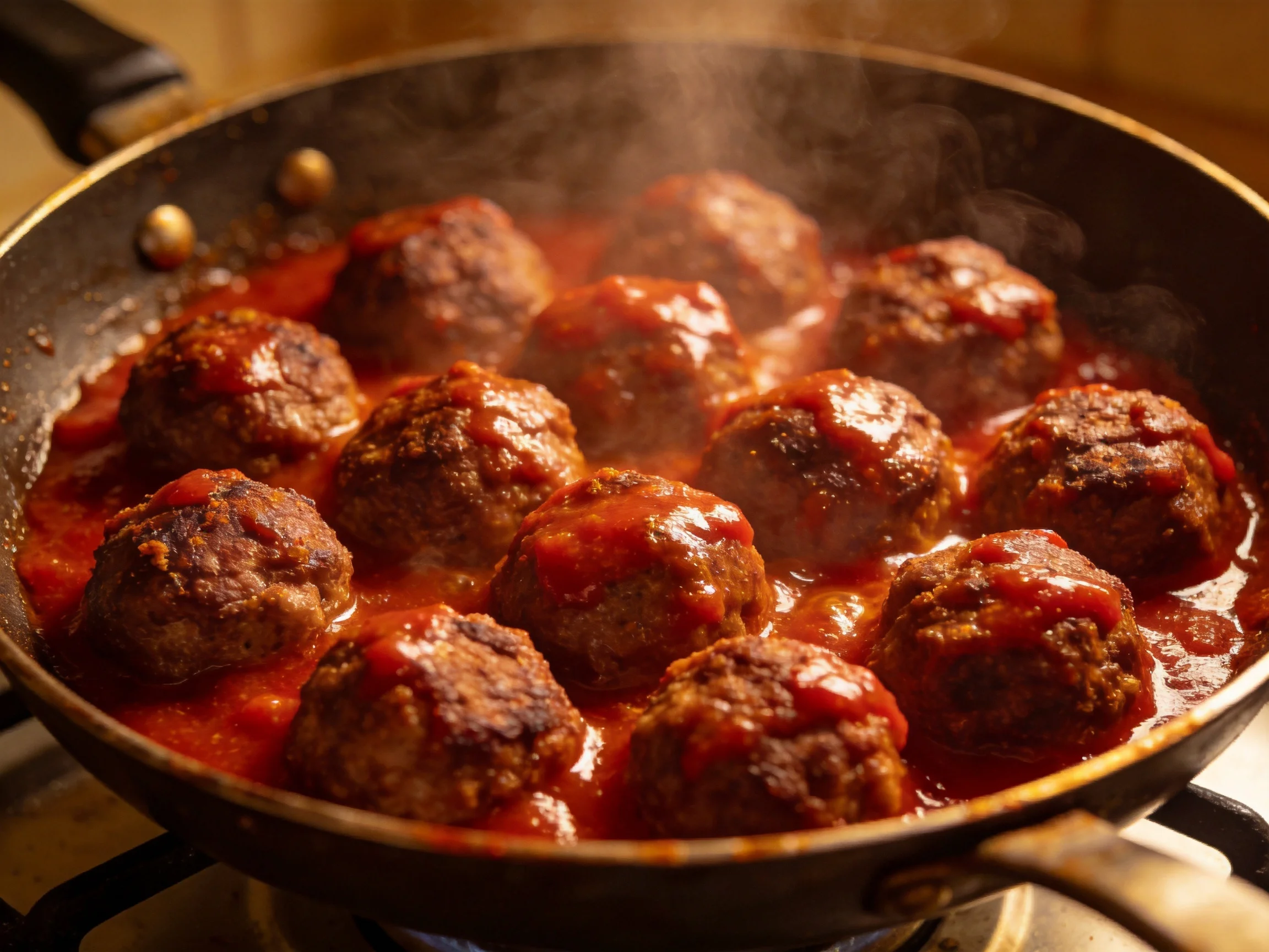 Golden-brown meatballs simmering in rich red sauce
