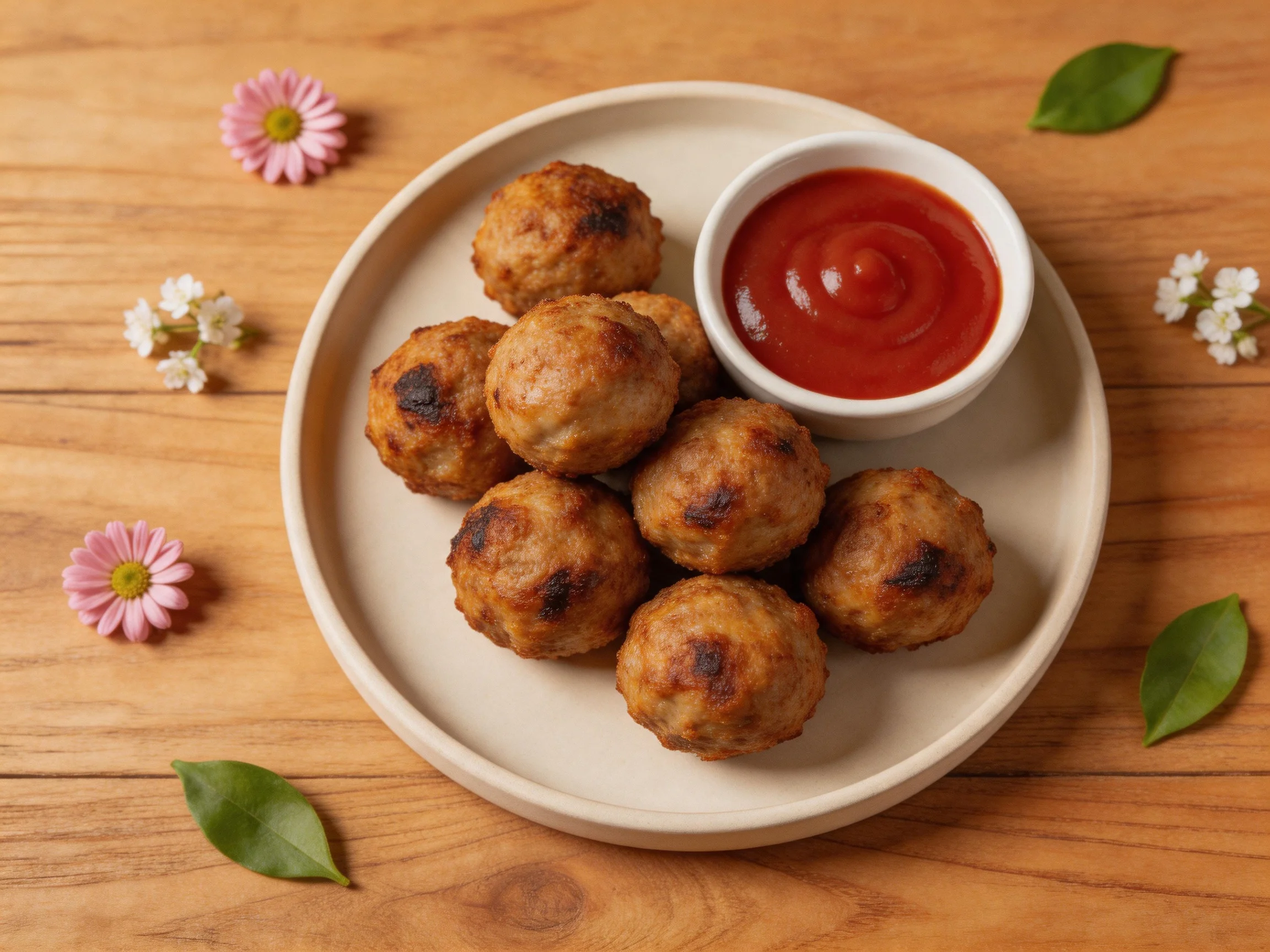 Golden-brown meatballs with red sauce on a cream plate