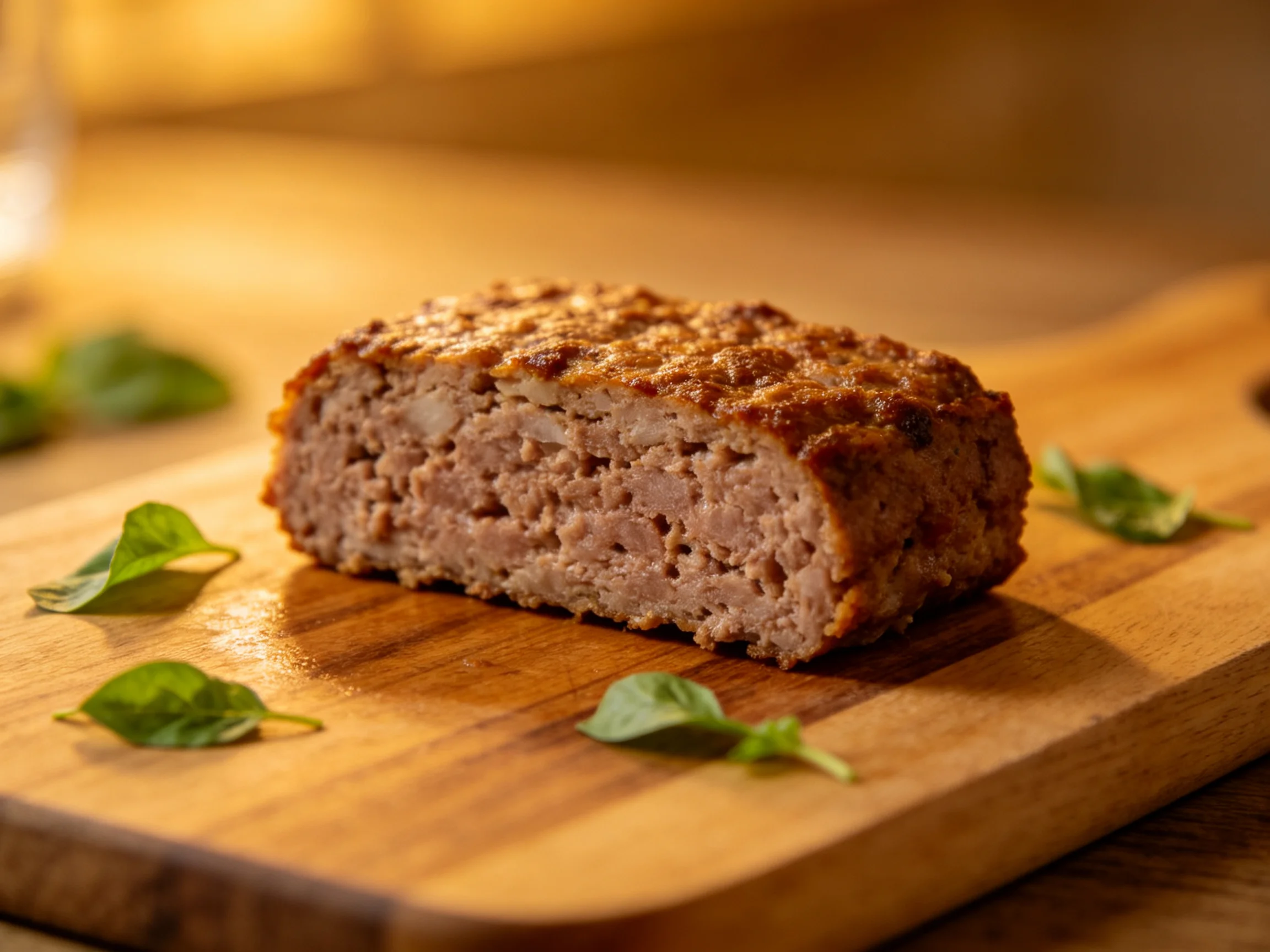 Golden-brown meatloaf slice on wooden cutting board with green herbs