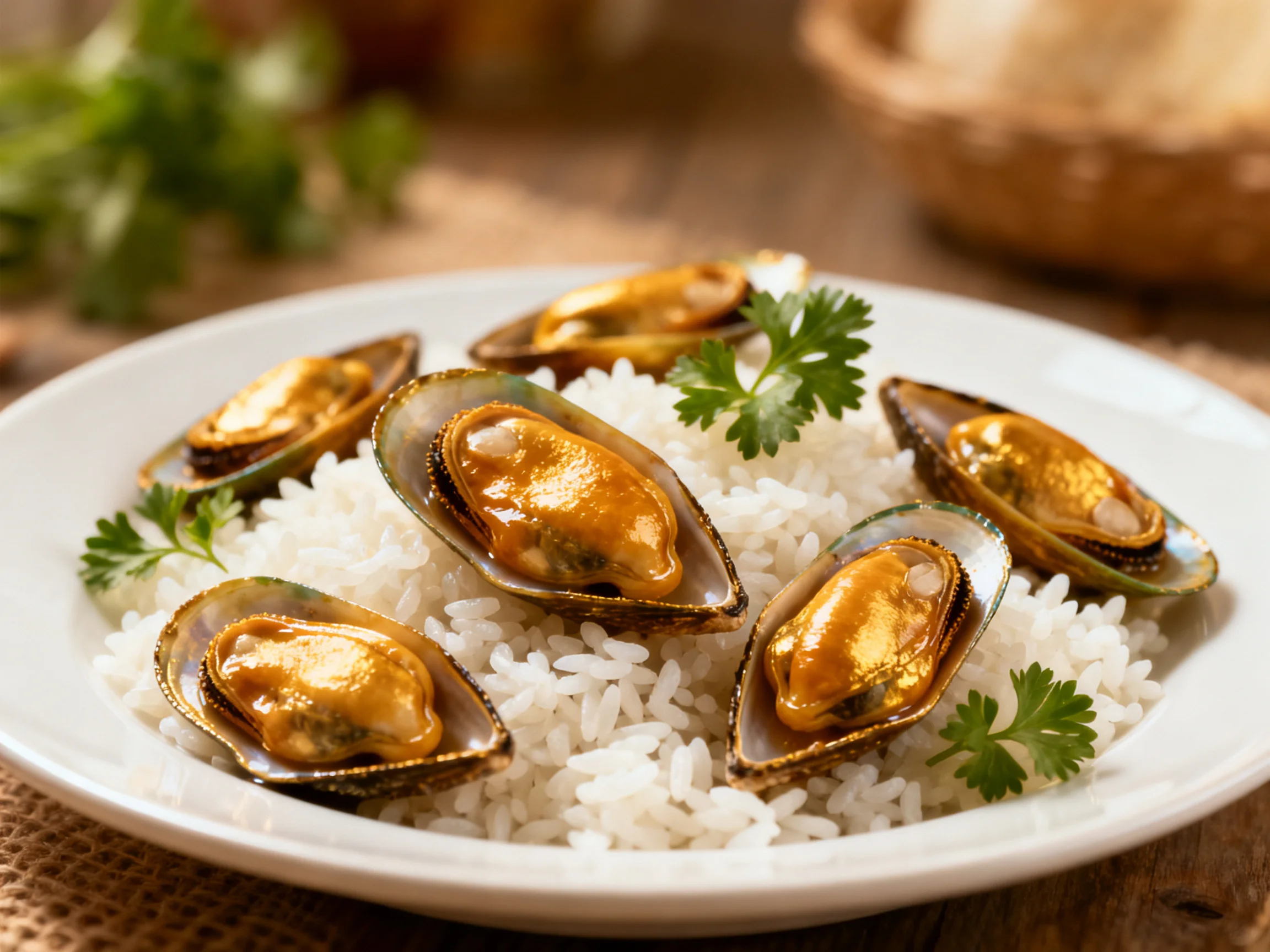 Golden-brown mussels served over fluffy white rice with fresh herbs