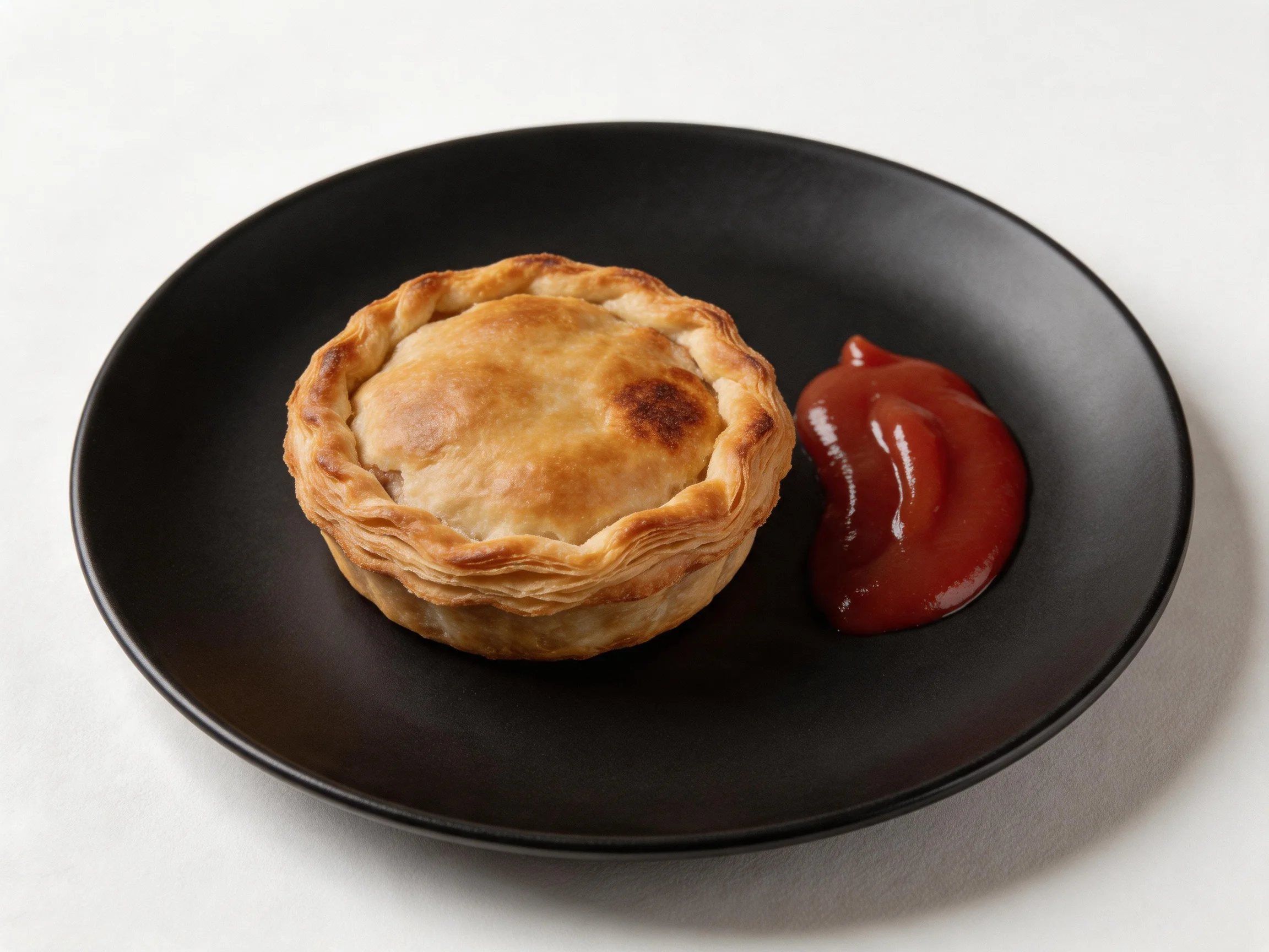 Golden-brown pastry and red sauce on a sleek black plate