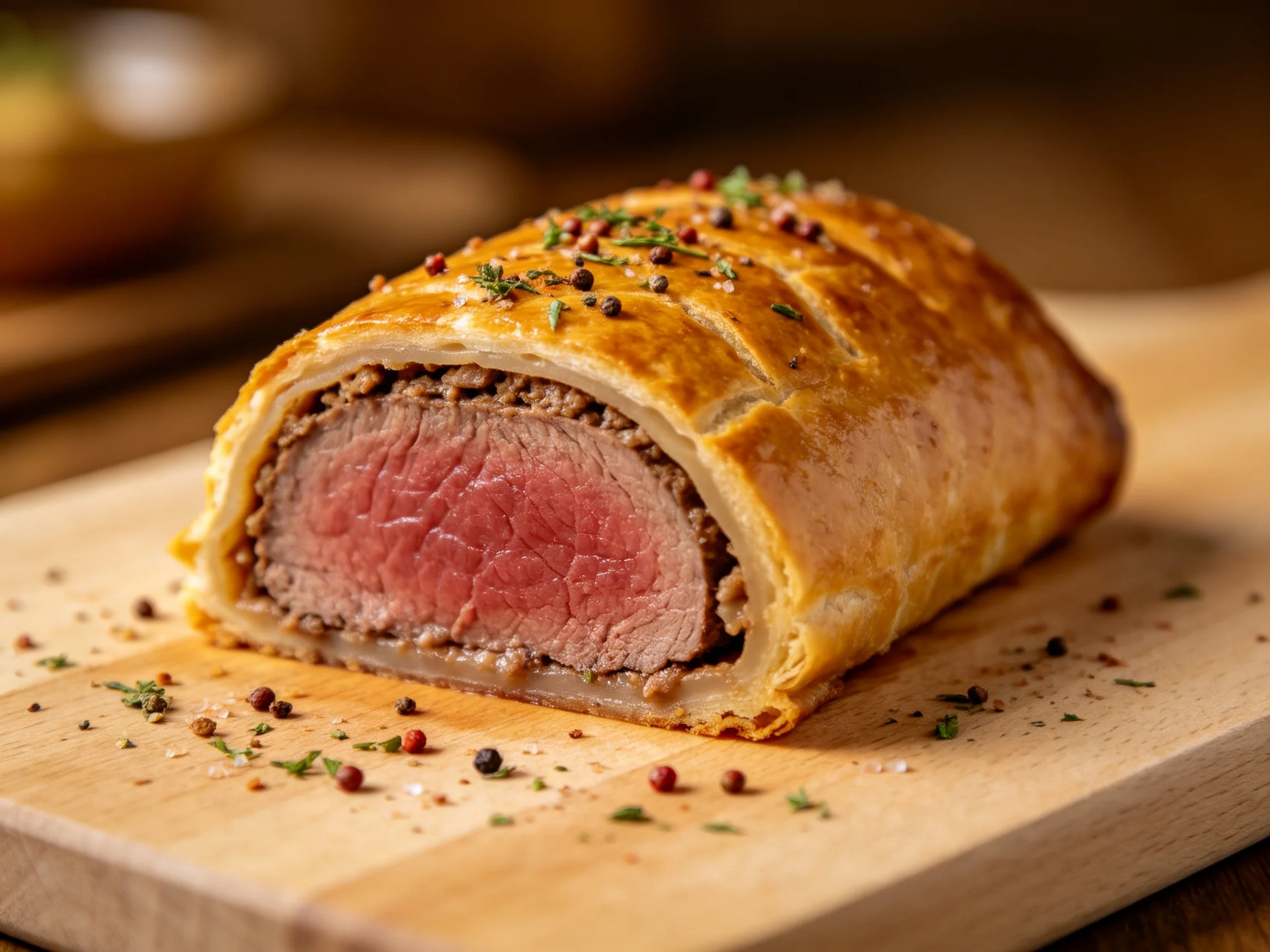 Golden-brown pastry encases tender pink beef on a wooden board