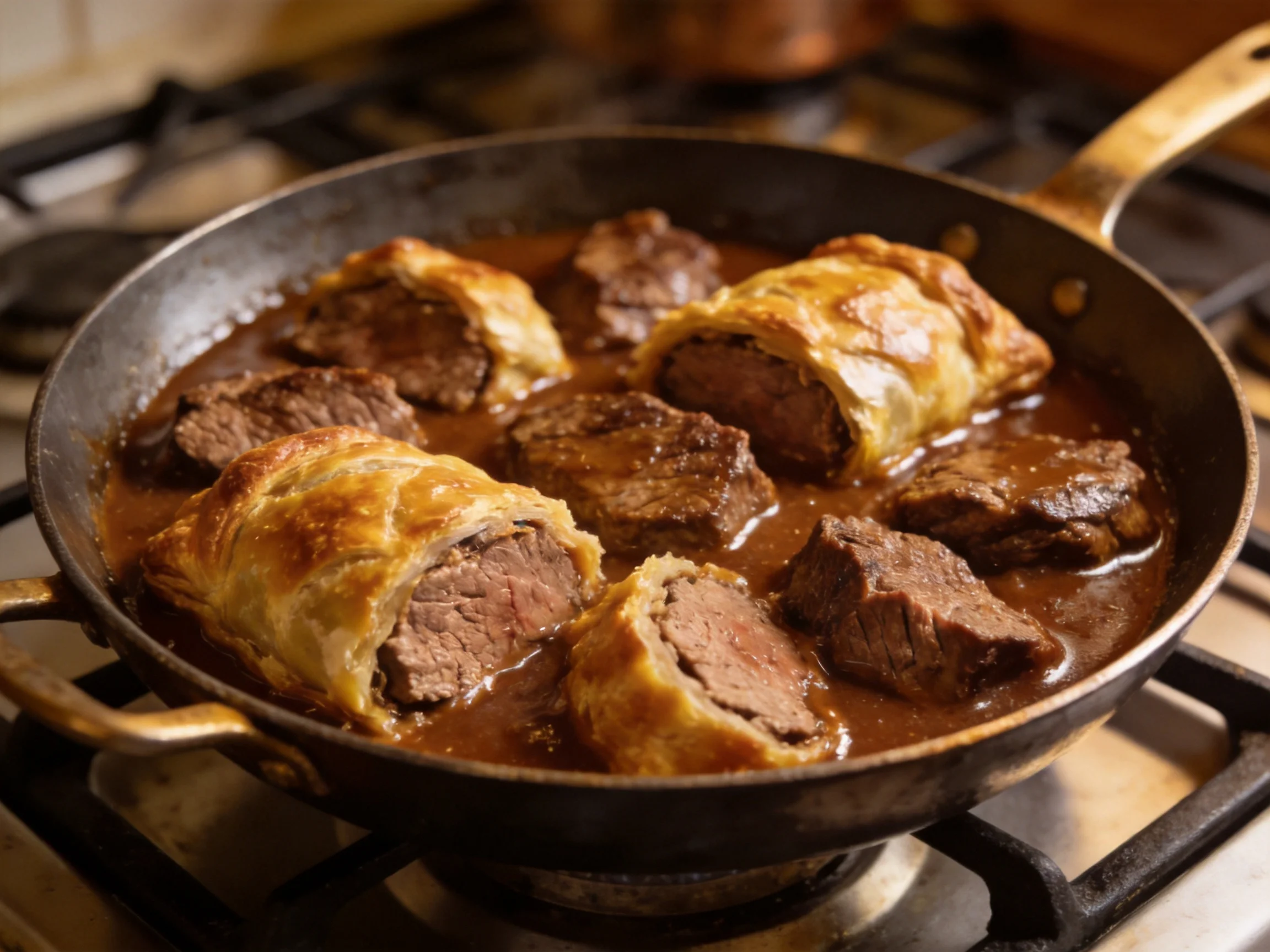 Golden-brown pastry-wrapped beef pieces in a rich brown sauce