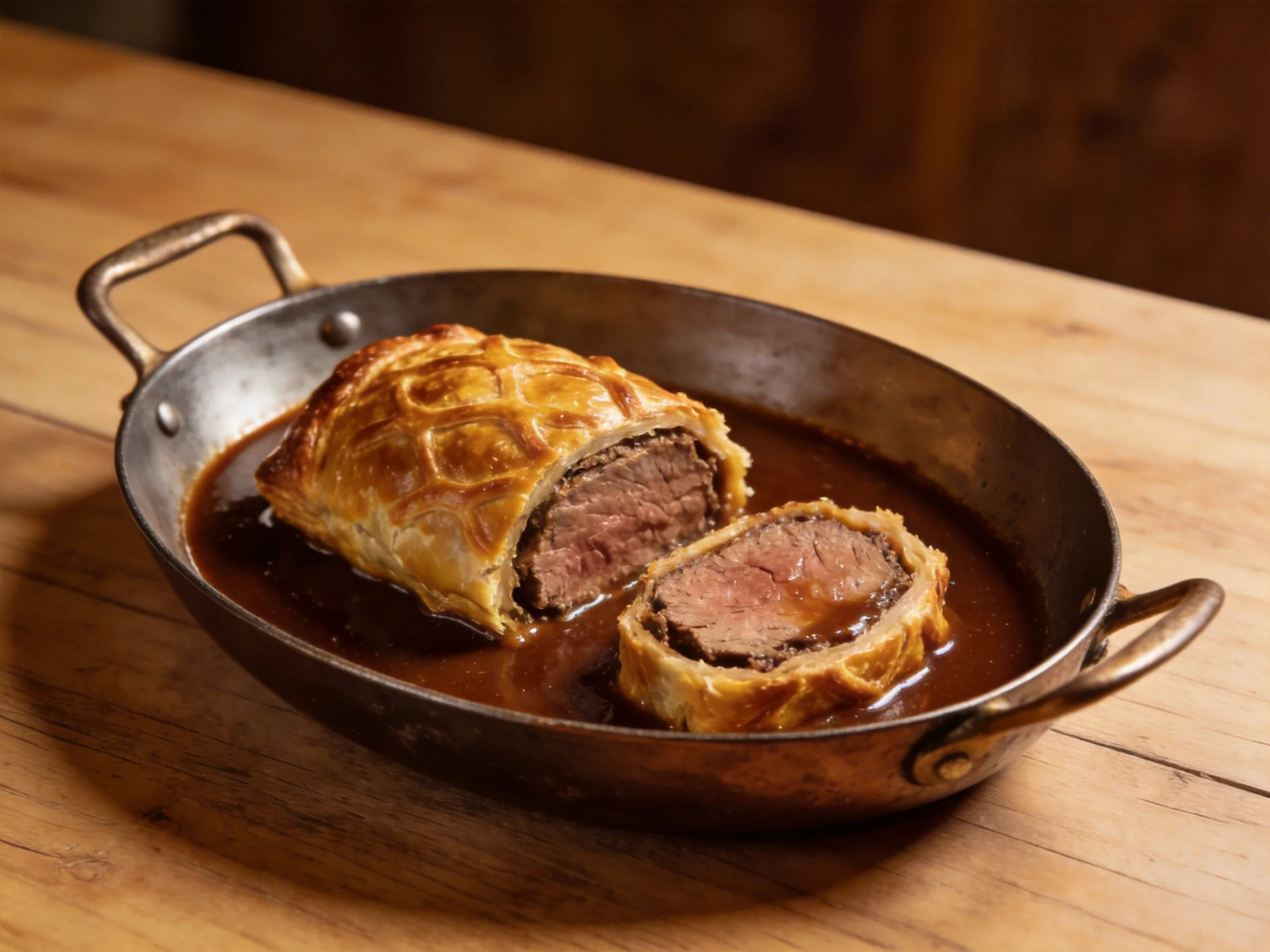 Golden-brown pastry-wrapped beef with rich brown sauce