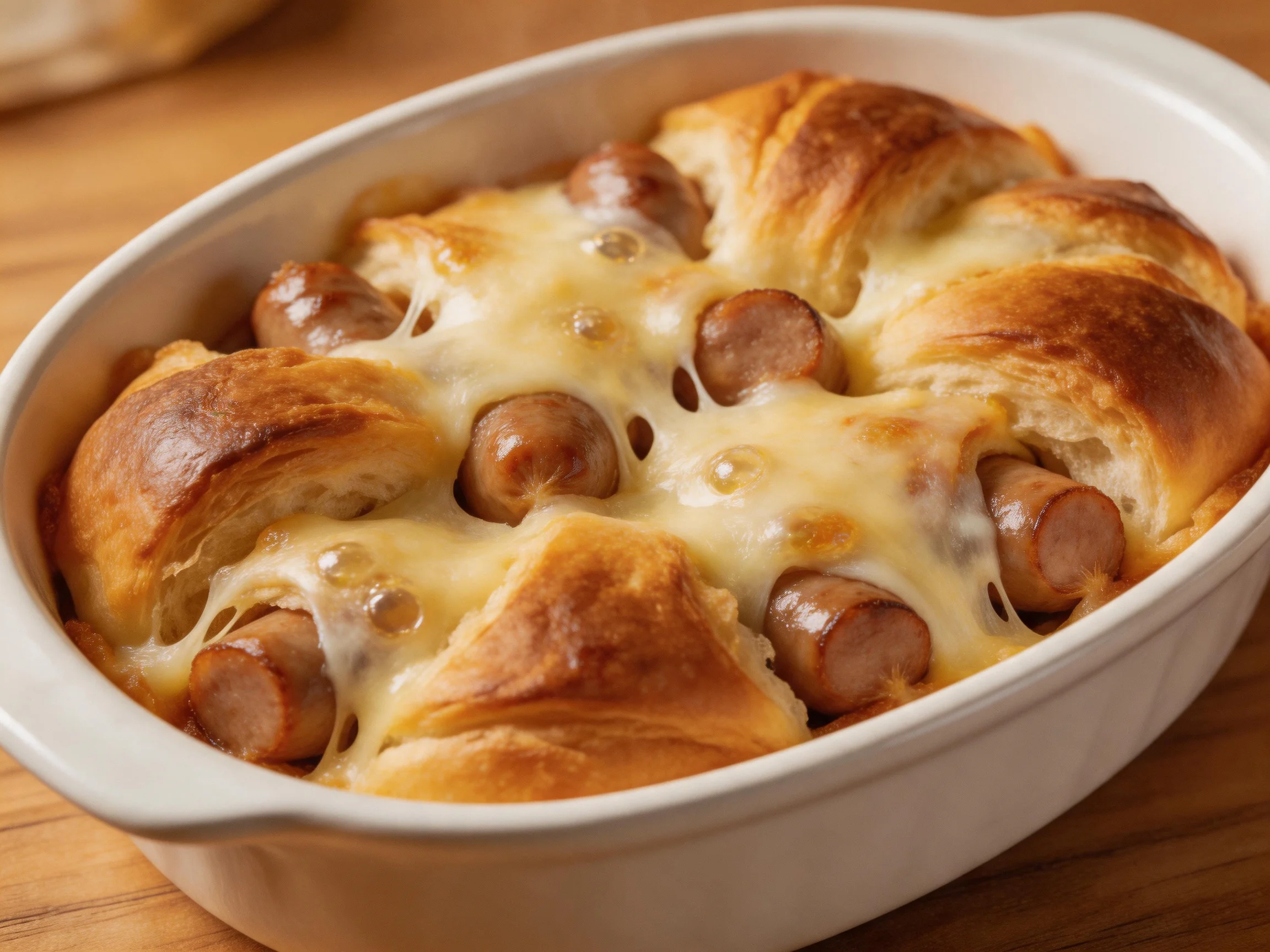 Golden-brown pastry-wrapped sausages with melted cheese in an oval dish