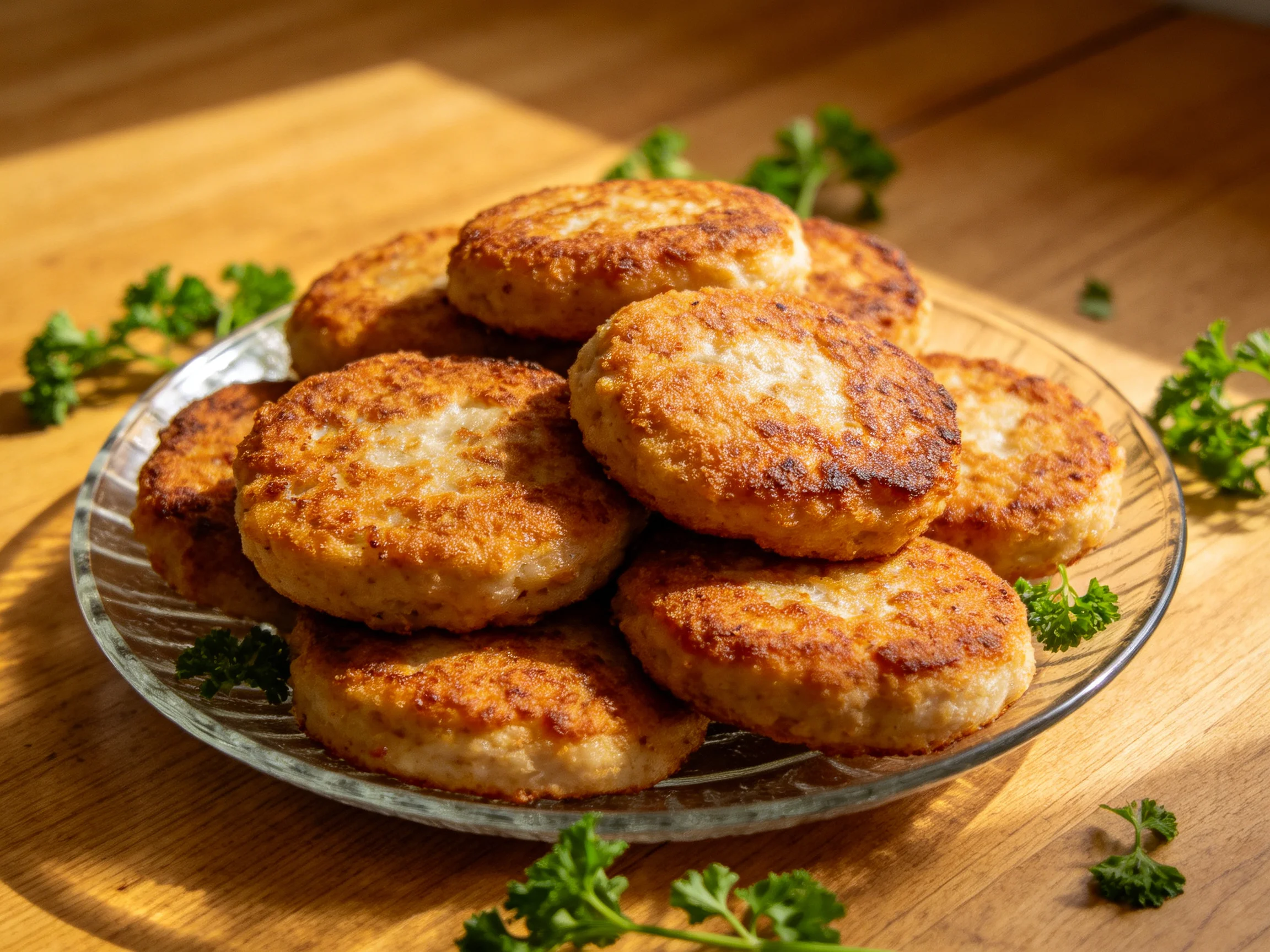 Golden-brown patties stacked on a glass plate with parsley garnish