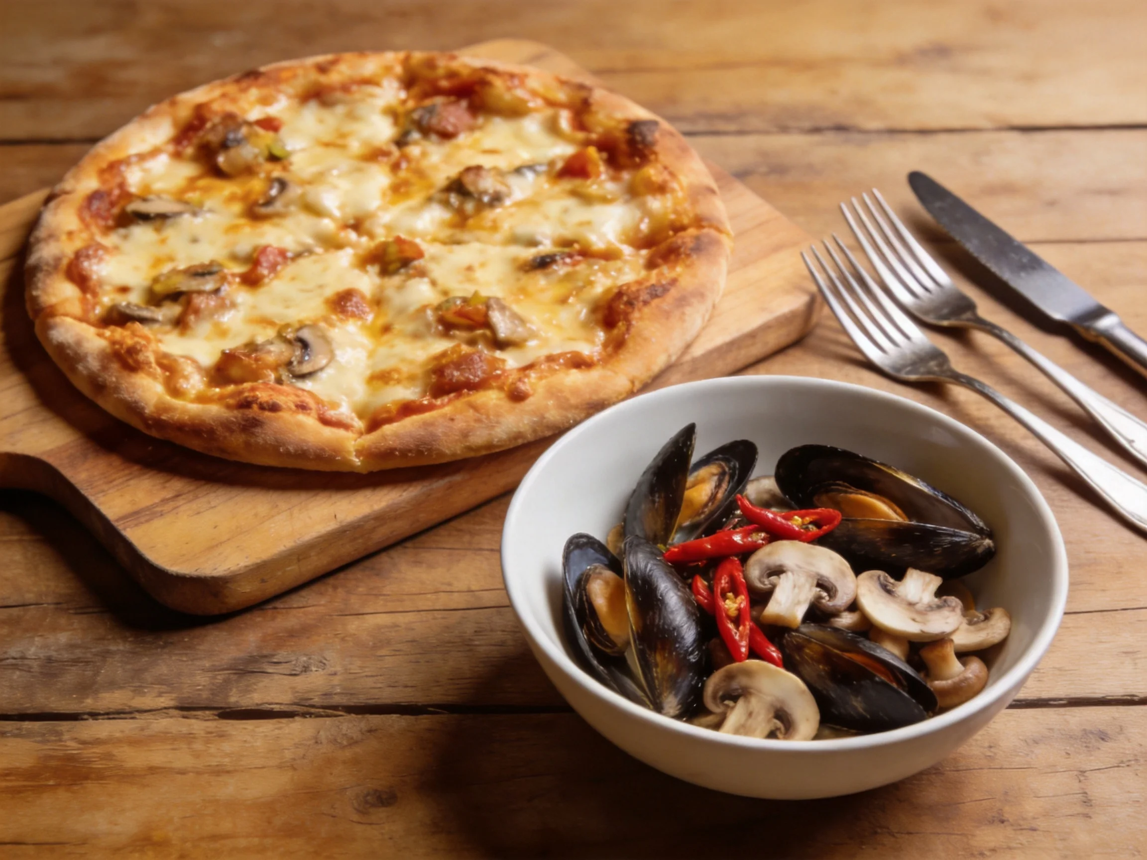 Golden-brown pizza and mussel mushroom dish on rustic wooden table