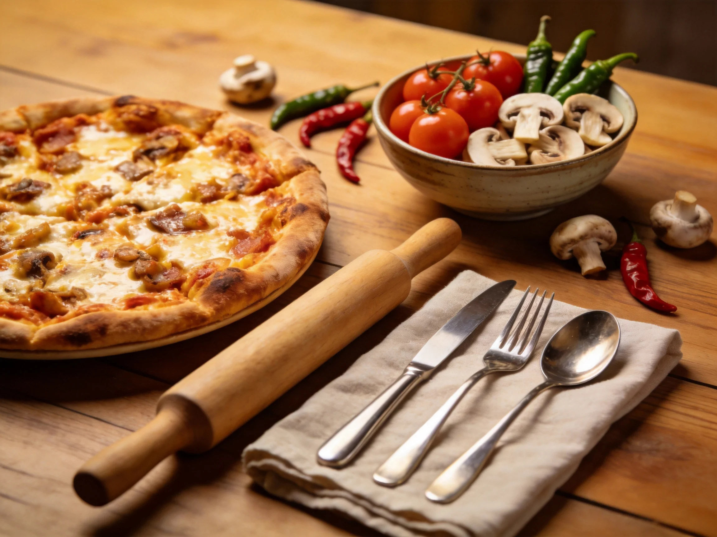 Golden-brown pizza beside a bowl of colorful veggies and wooden utensils