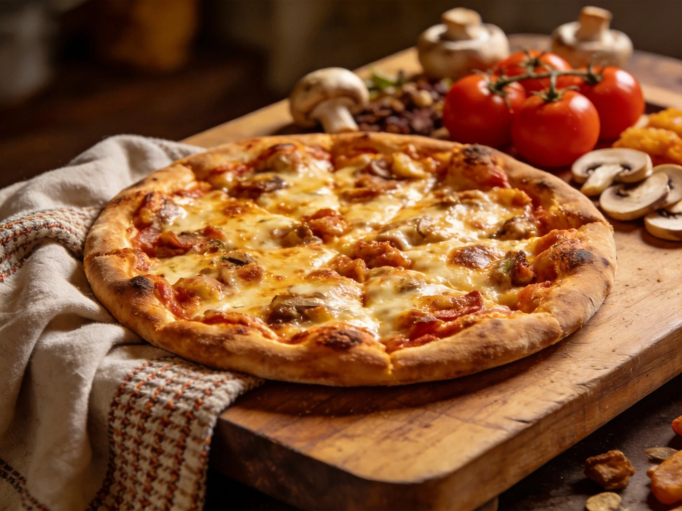 Golden-brown pizza on wooden board with fresh tomatoes and mushrooms