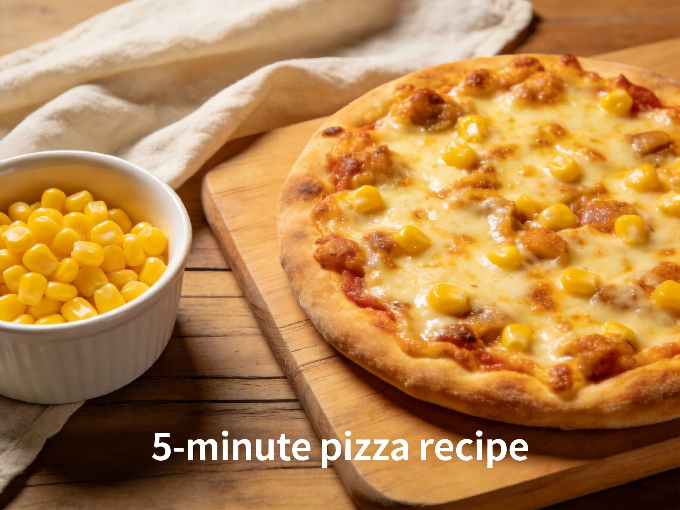 Golden-brown pizza with corn toppings on a wooden cutting board