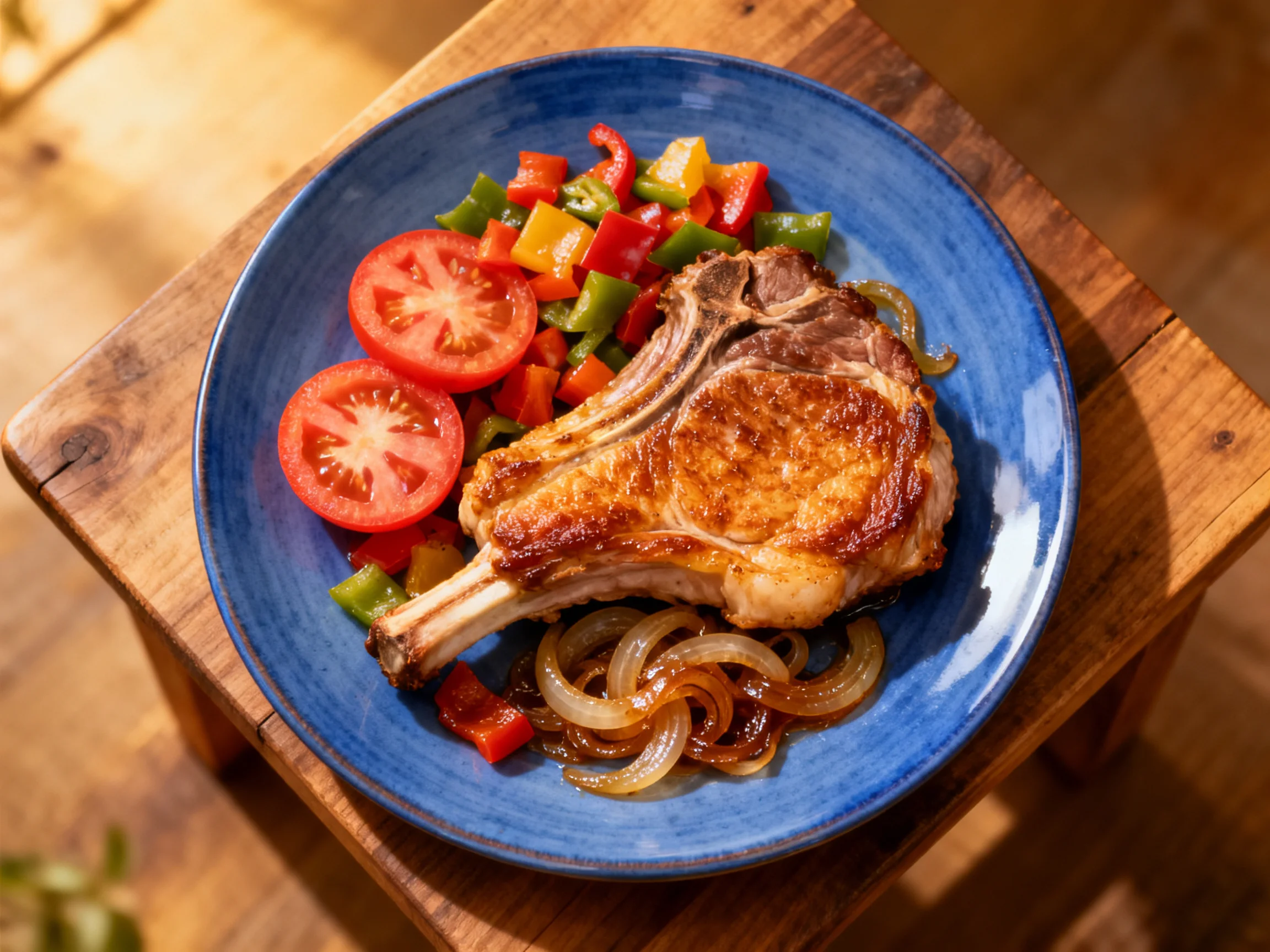 Golden-brown pork chop with colorful veggies on a deep blue plate