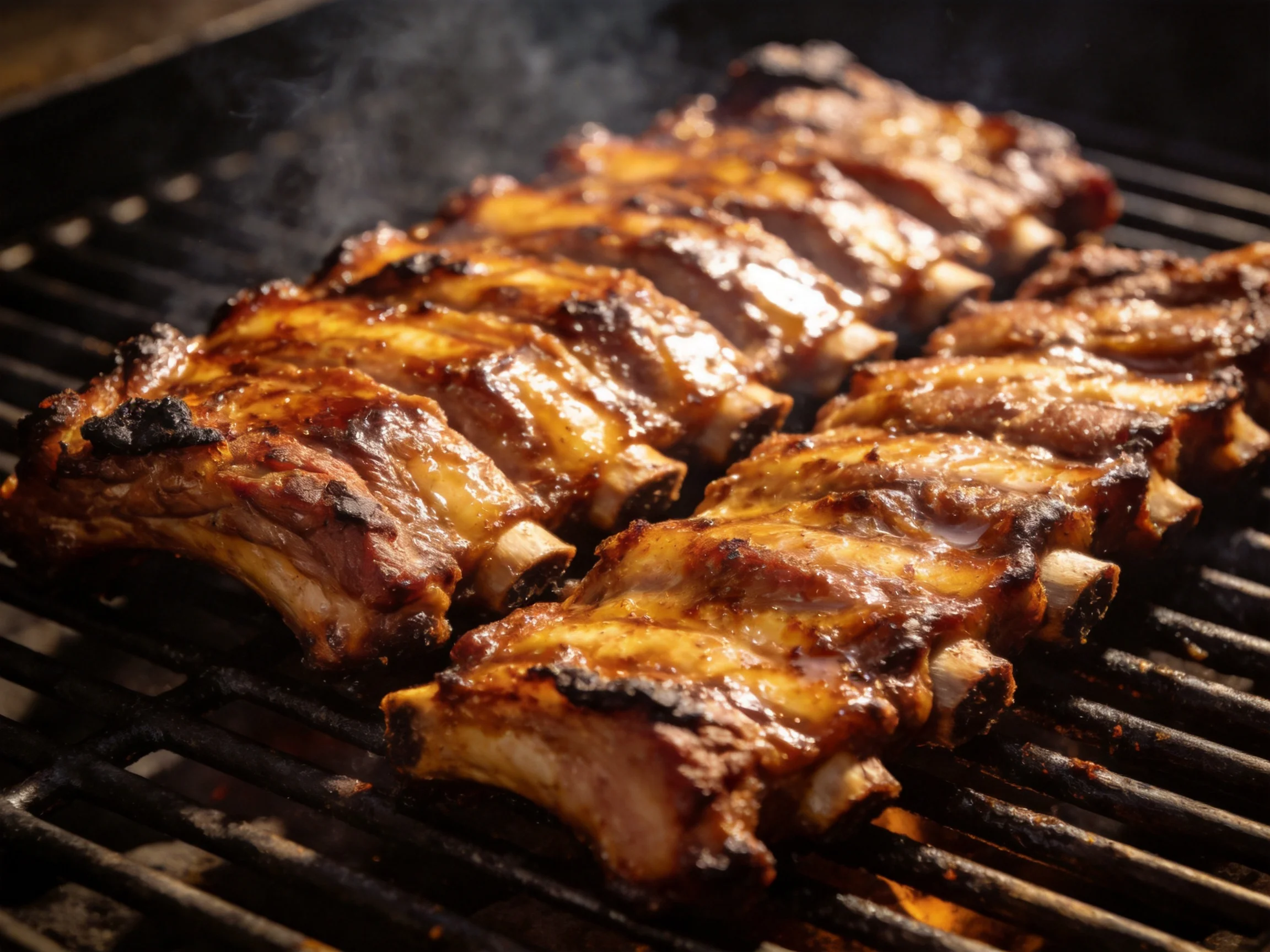 Golden-brown pork ribs sizzle on a dark grill with rising smoke