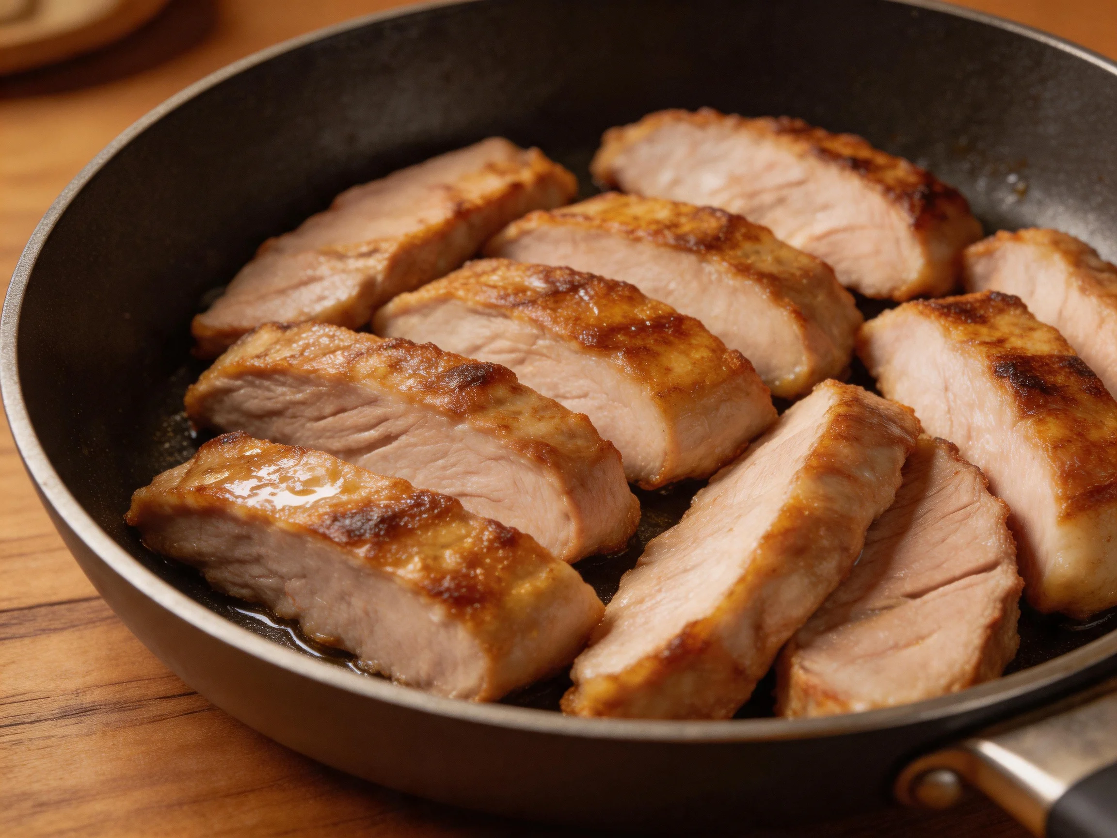 Golden-brown pork slices cooking in a dark frying pan