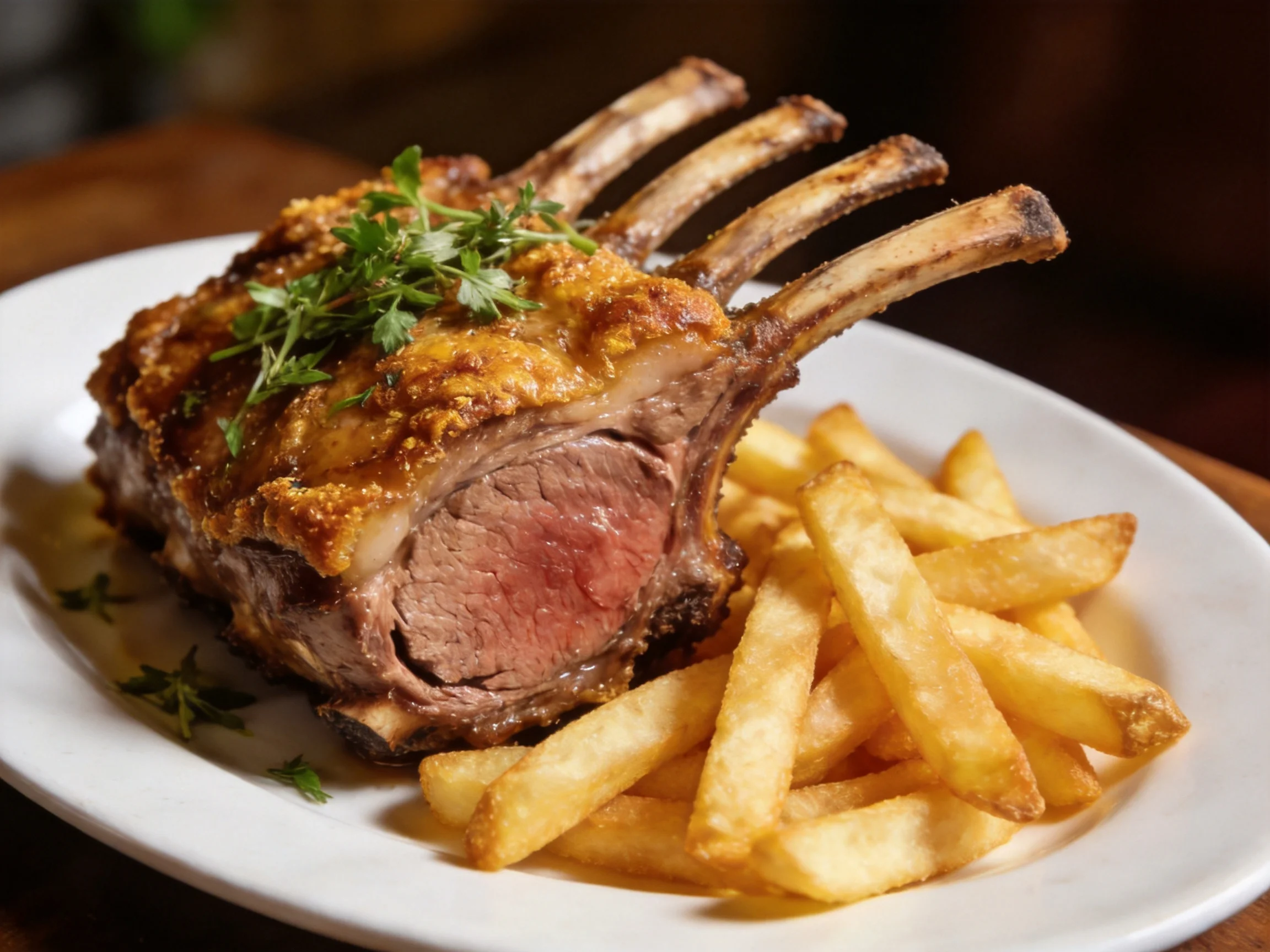 Golden-brown rack of lamb with crispy French fries