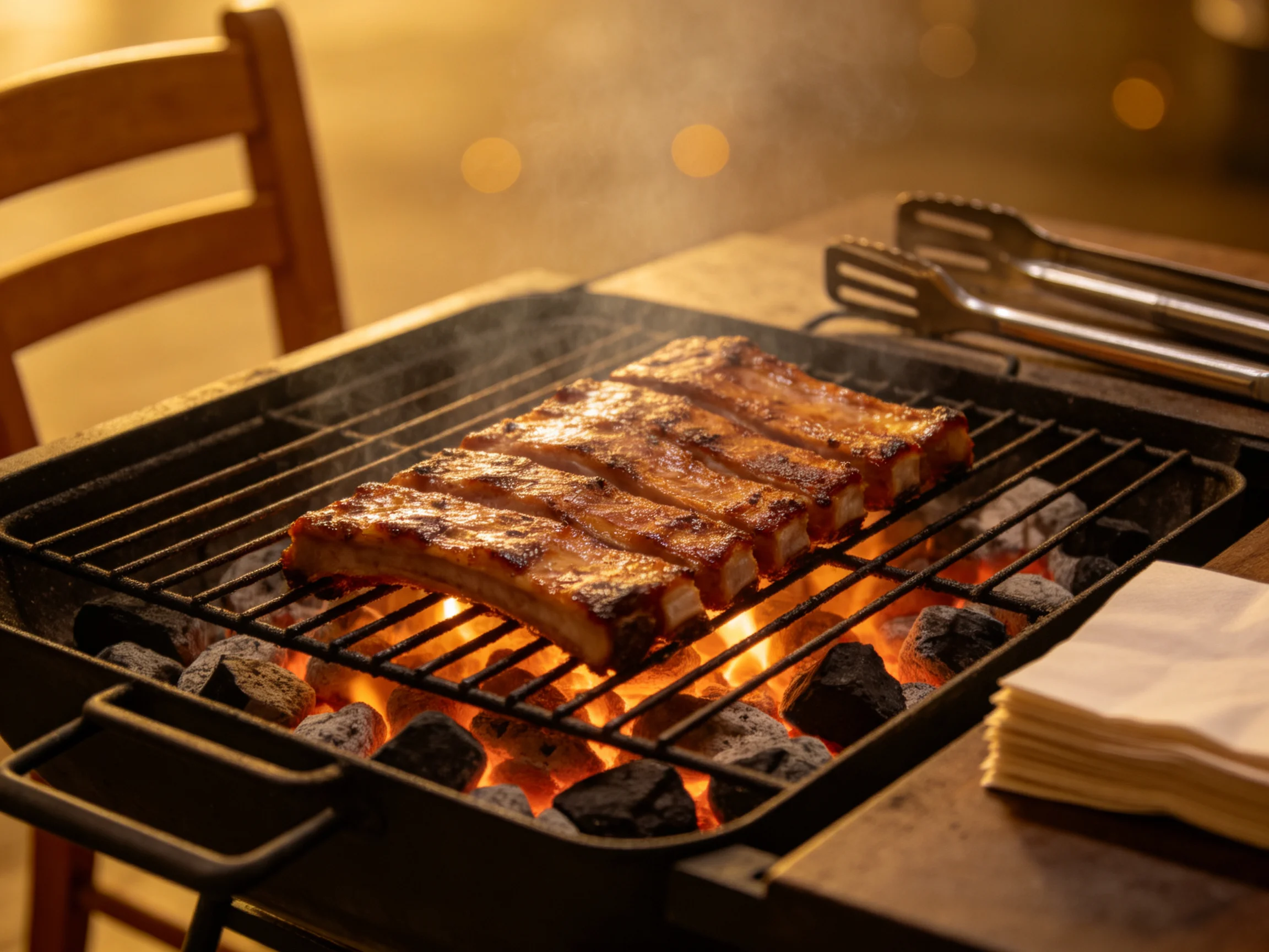 Golden-brown ribs grilling over charcoal in an outdoor setting