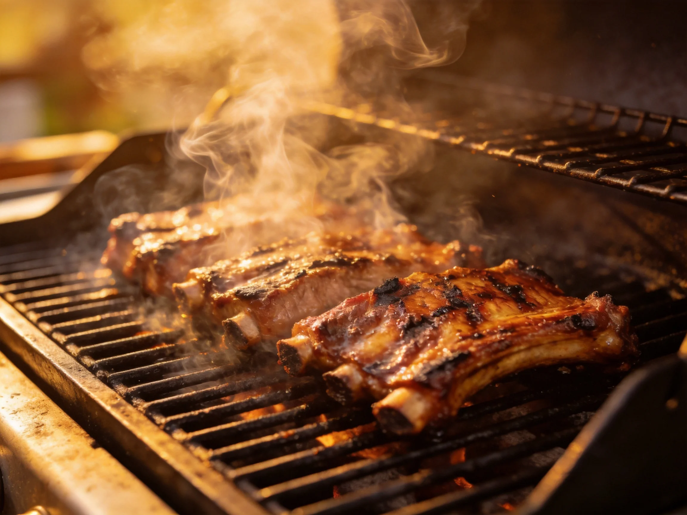 Golden-brown ribs sizzle on a black grill with rising smoke
