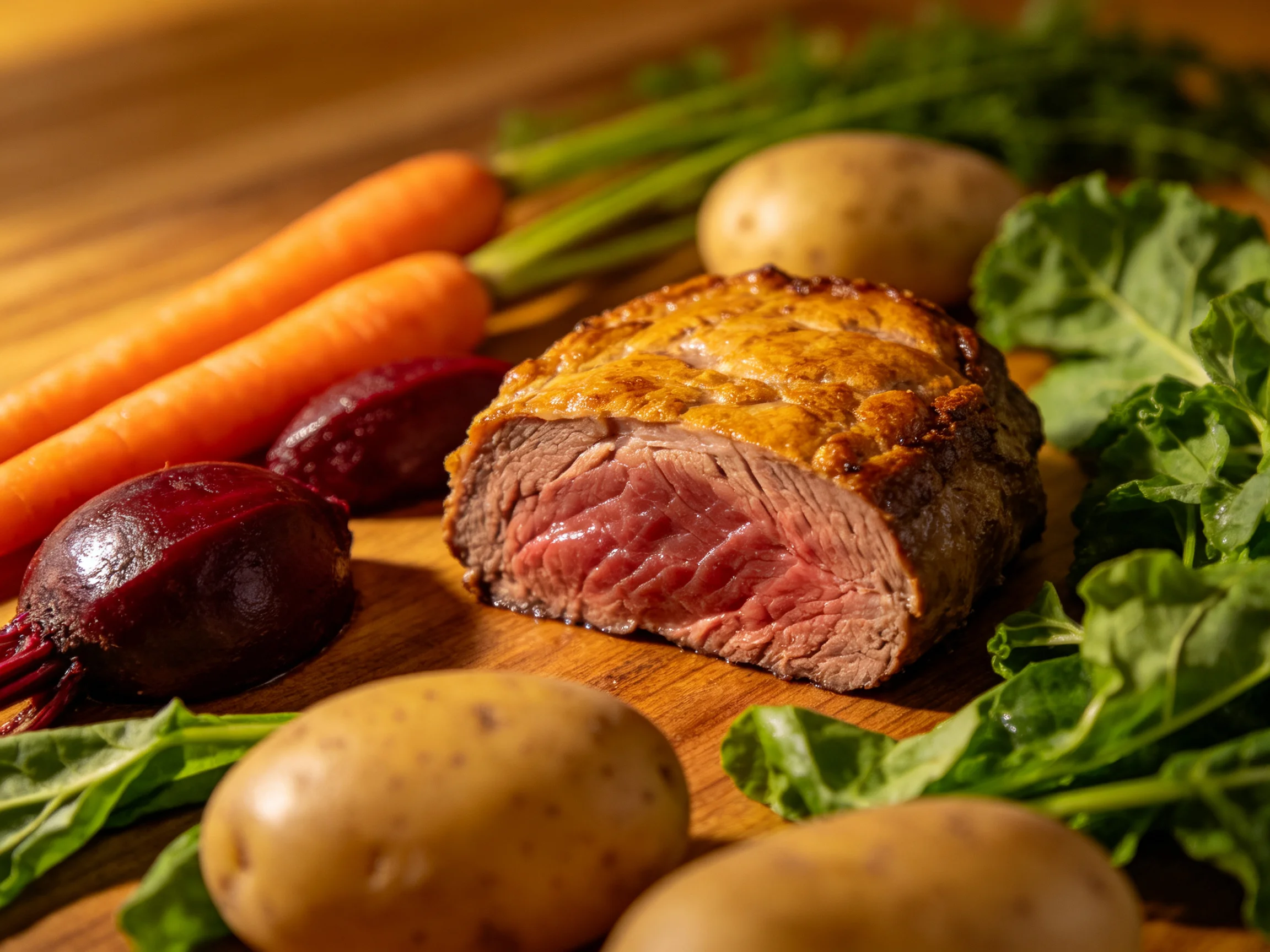 Golden-brown roast beef with colorful vegetables on wooden board