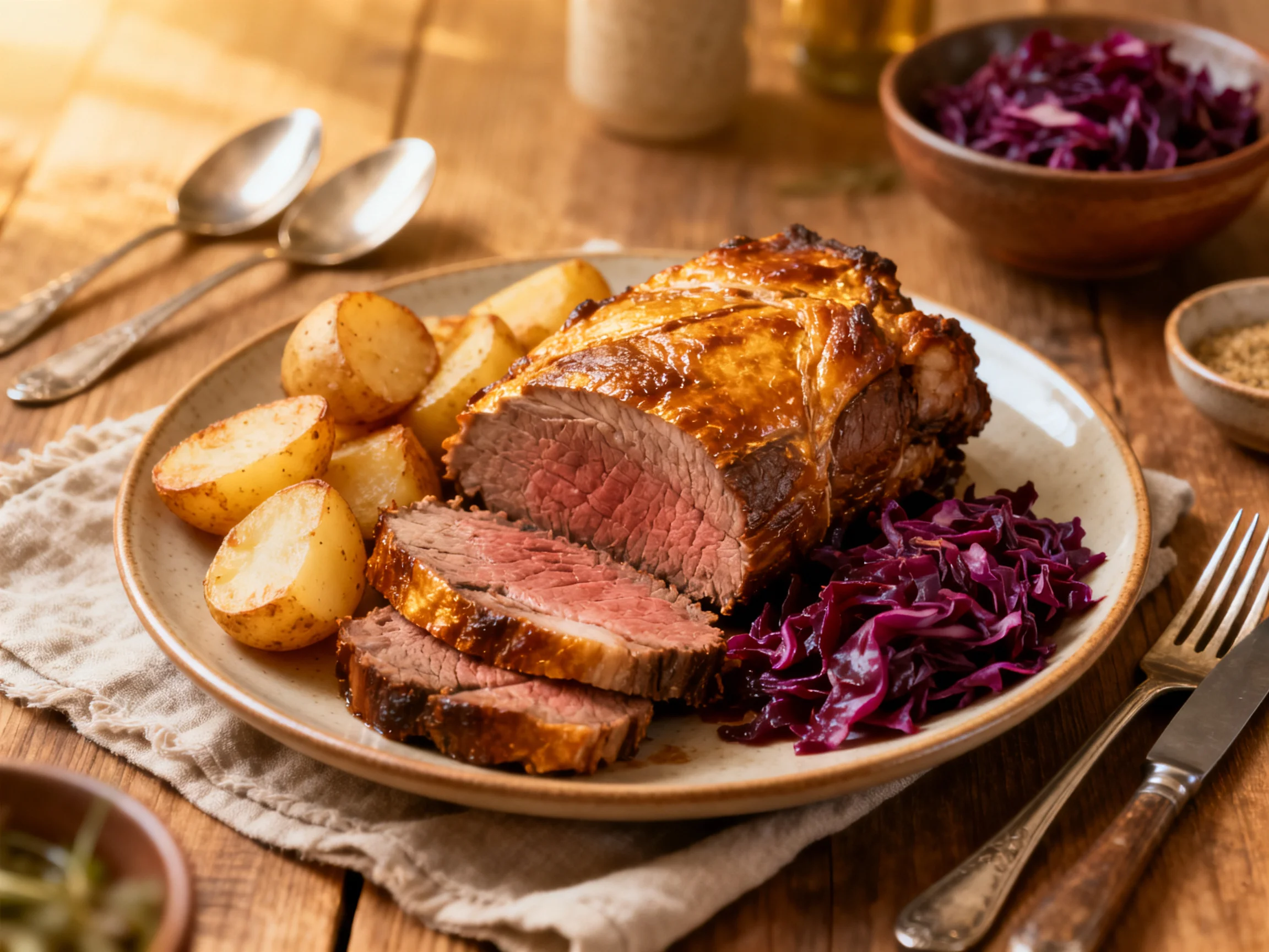 Golden-brown roasted beef dish with roasted potatoes and red cabbage