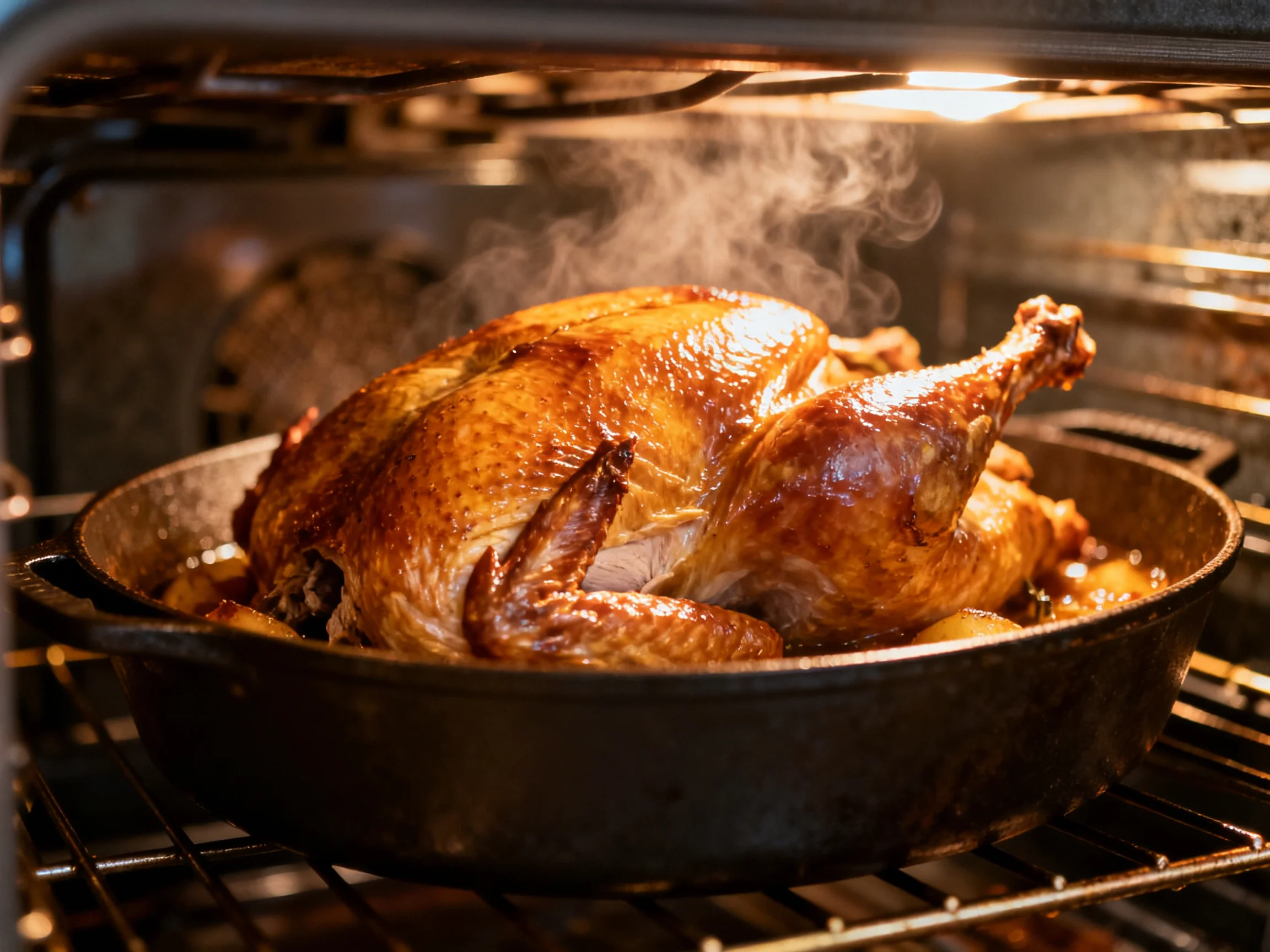 Golden-brown roasted chicken baking in a black cast iron pan inside an oven