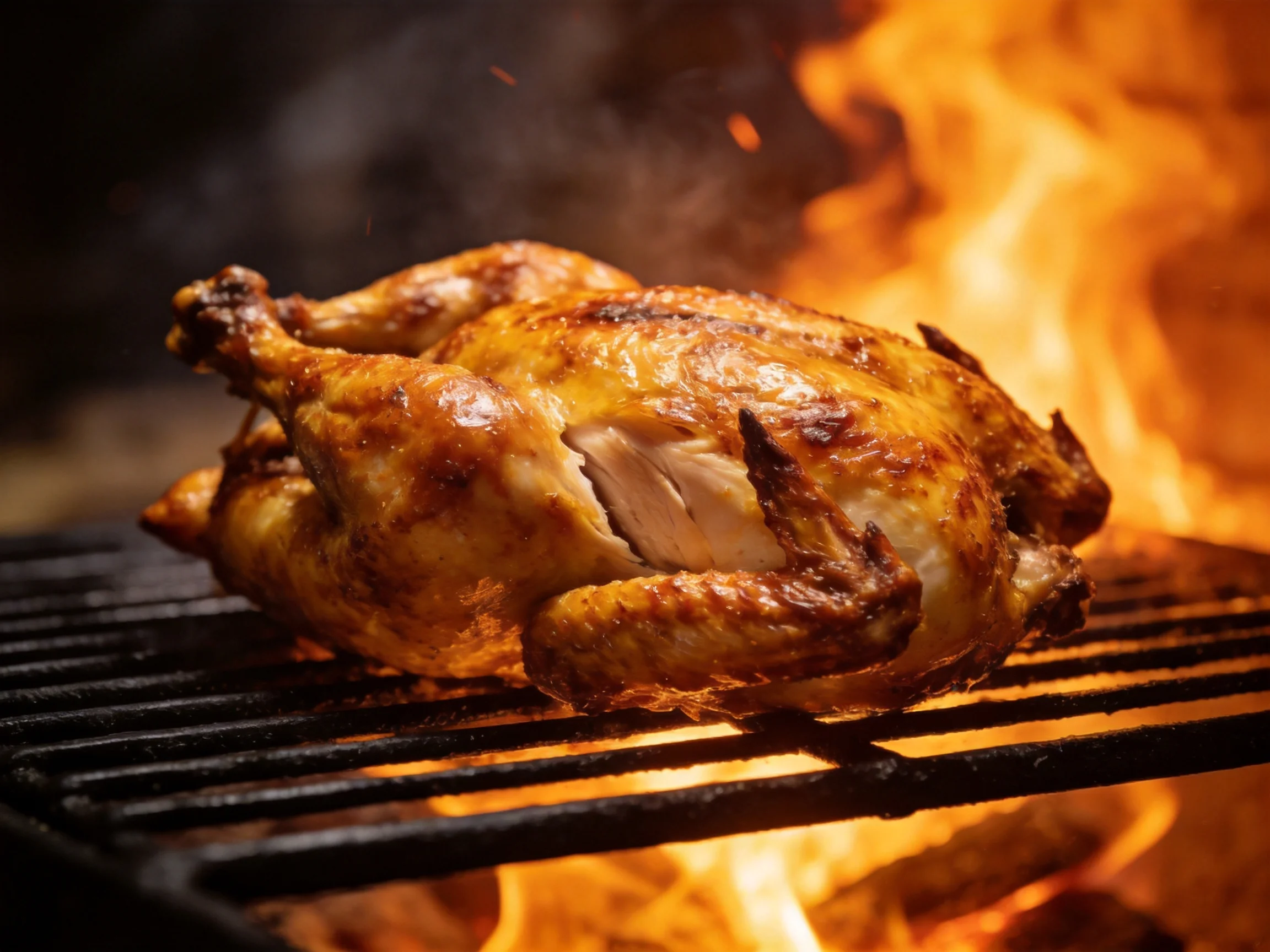 Golden-brown roasted chicken grilling over bright orange flames