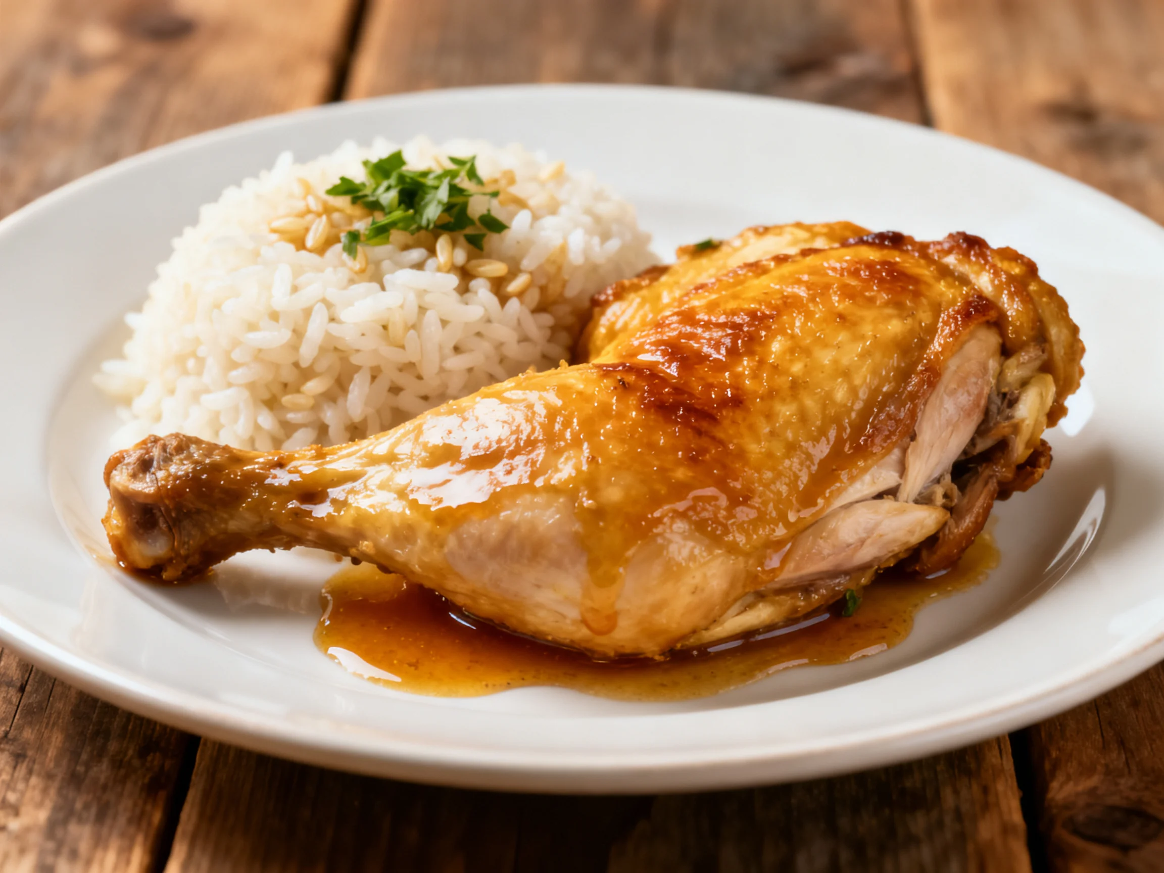 Golden-brown roasted chicken leg with white rice on a plate