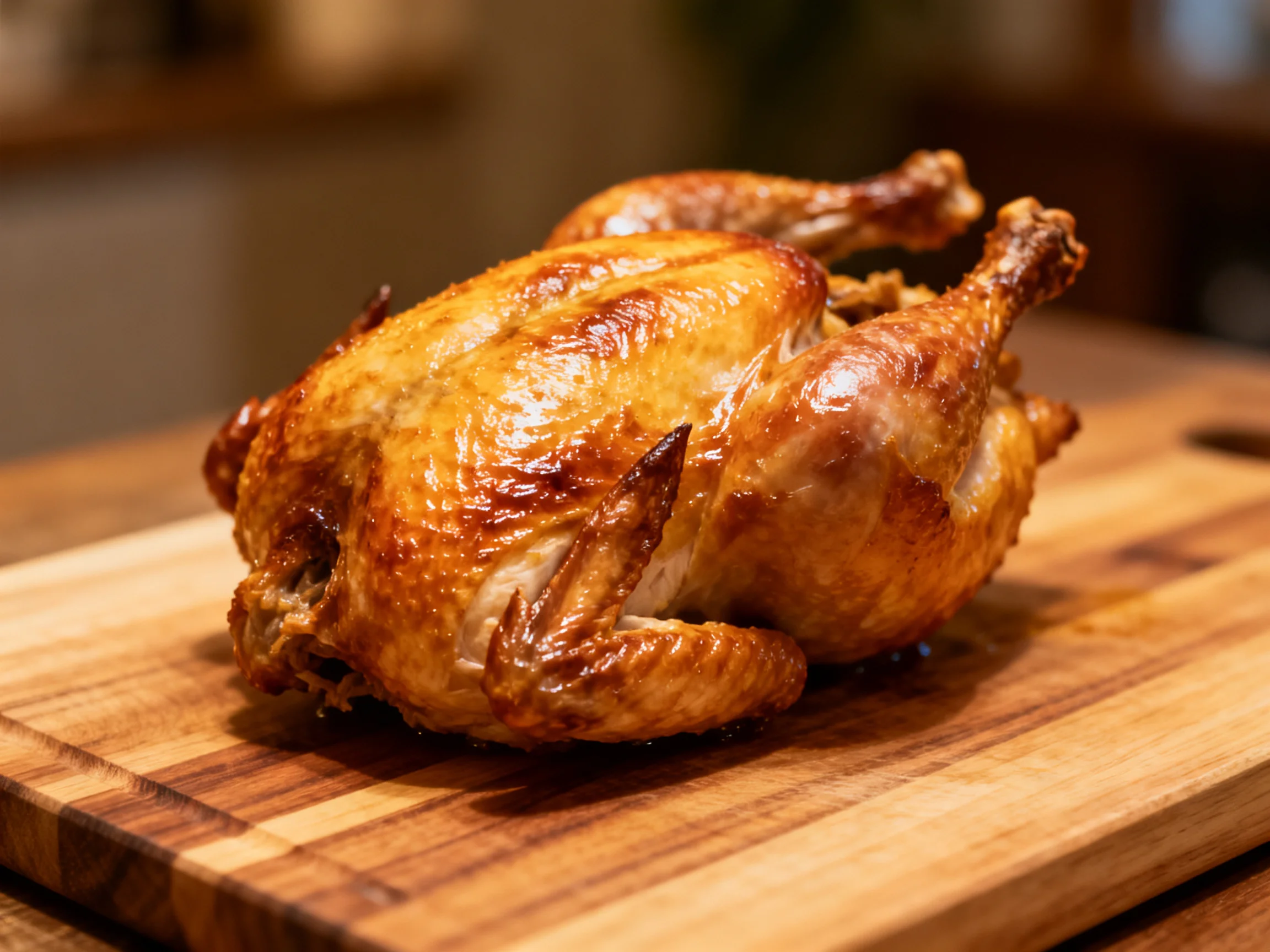 Golden-brown roasted chicken on wooden cutting board