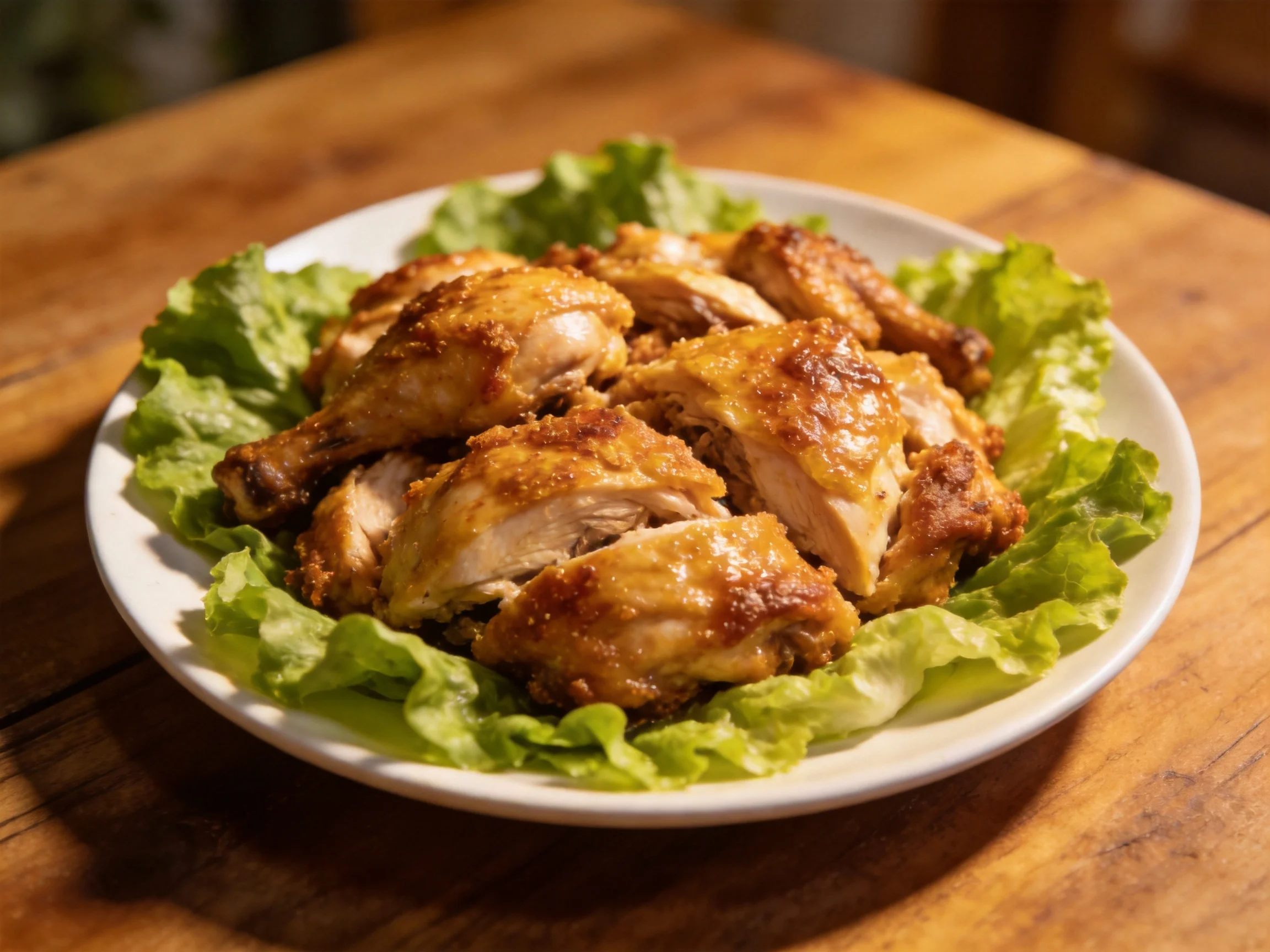 Golden-brown roasted chicken pieces on crisp green lettuce