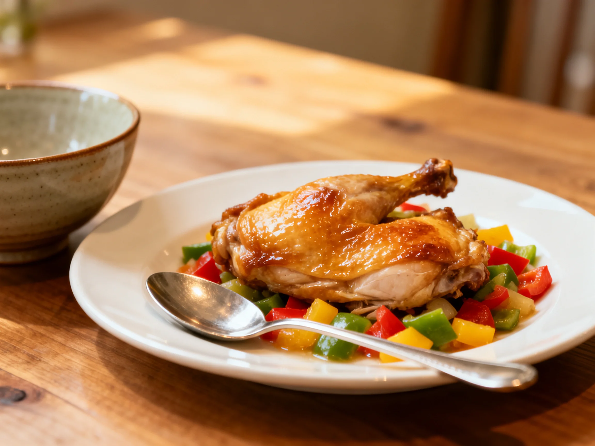 Golden-brown roasted chicken served with colorful bell peppers on a white plate