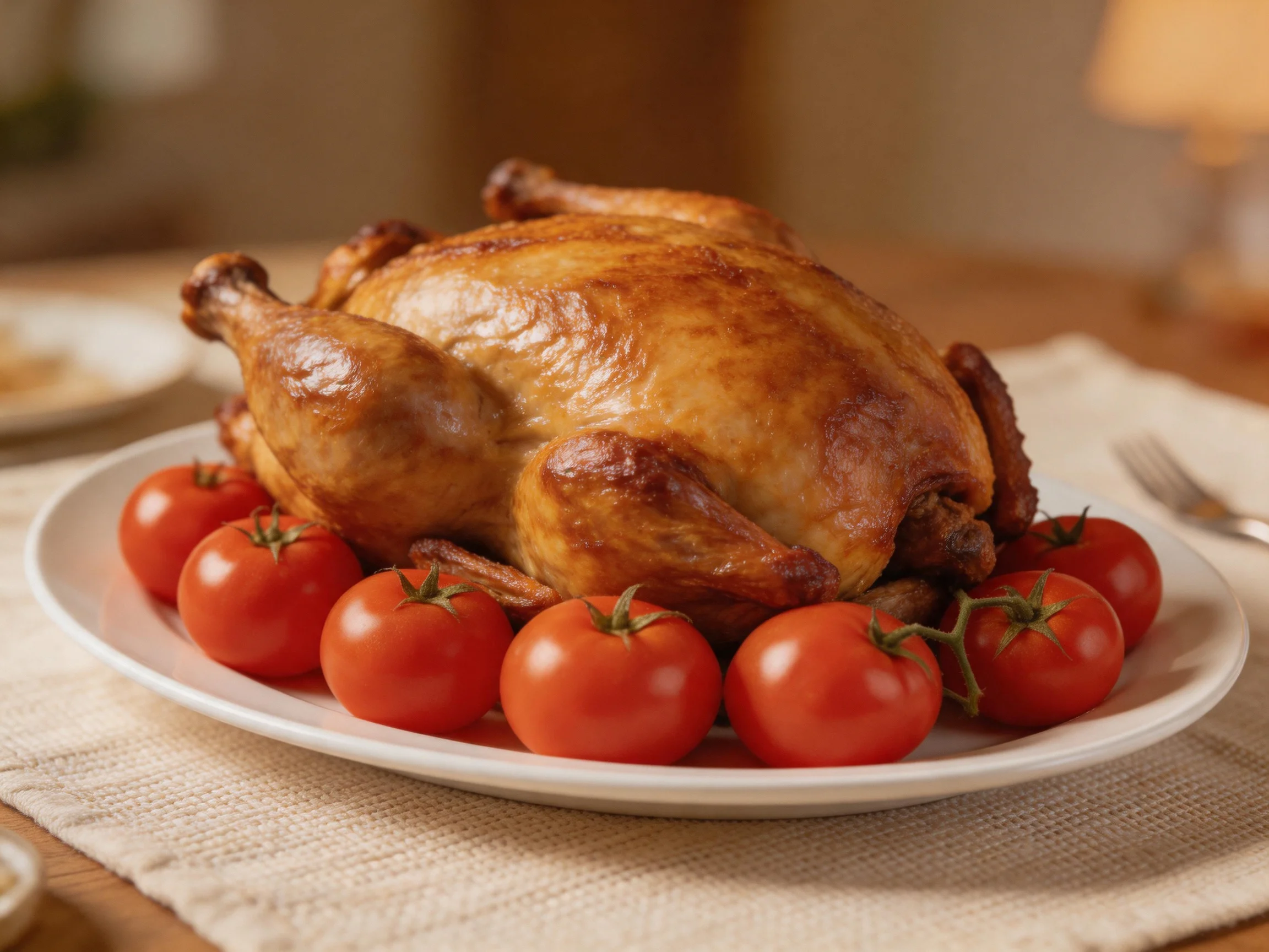 Golden-brown roasted chicken surrounded by bright red cherry tomatoes