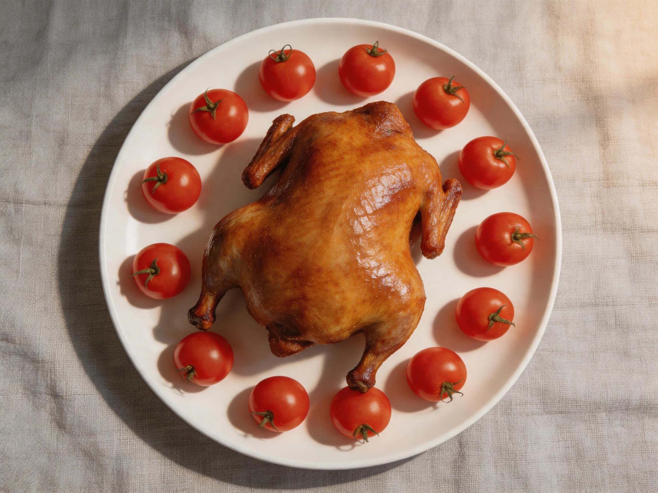 Golden-brown roasted chicken surrounded by twelve bright red cherry tomatoes