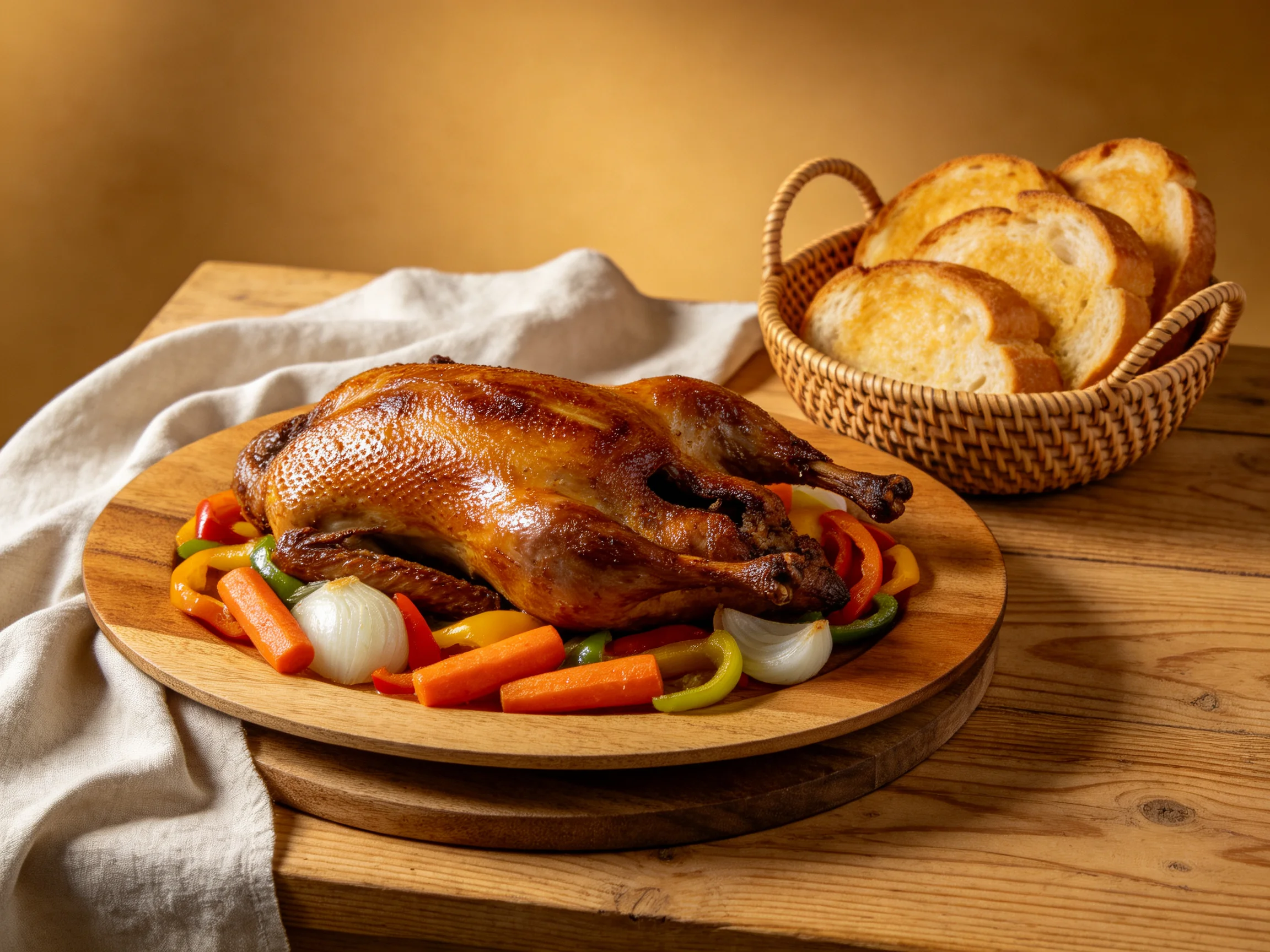 Golden-brown roasted chicken with colorful vegetables and toasted bread