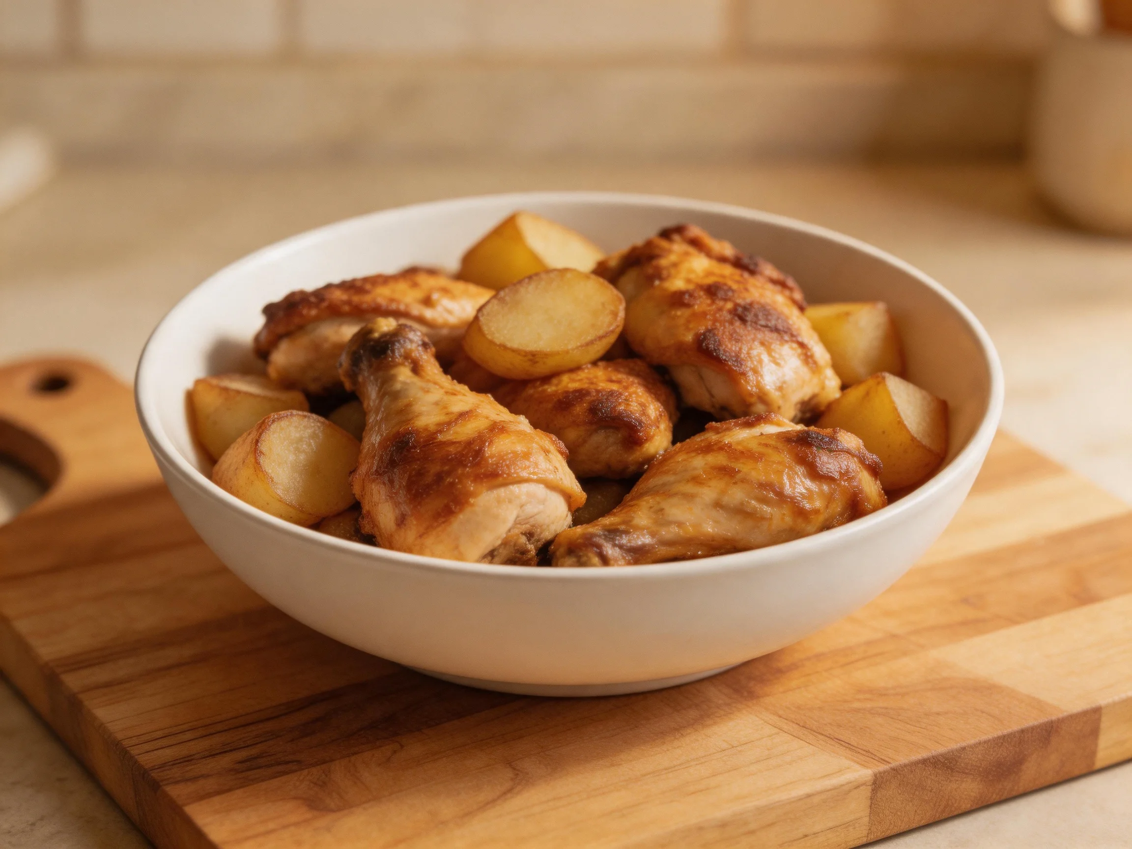 Golden-brown roasted chicken with potato chunks in a white bowl