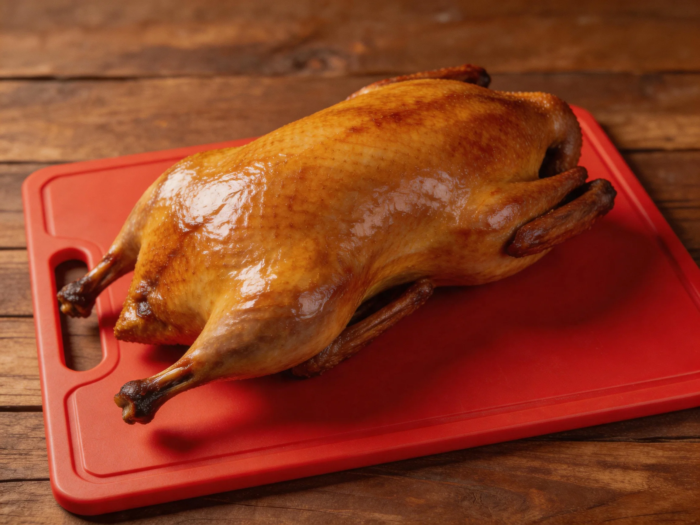 Golden-brown roasted duck on a bright red cutting board