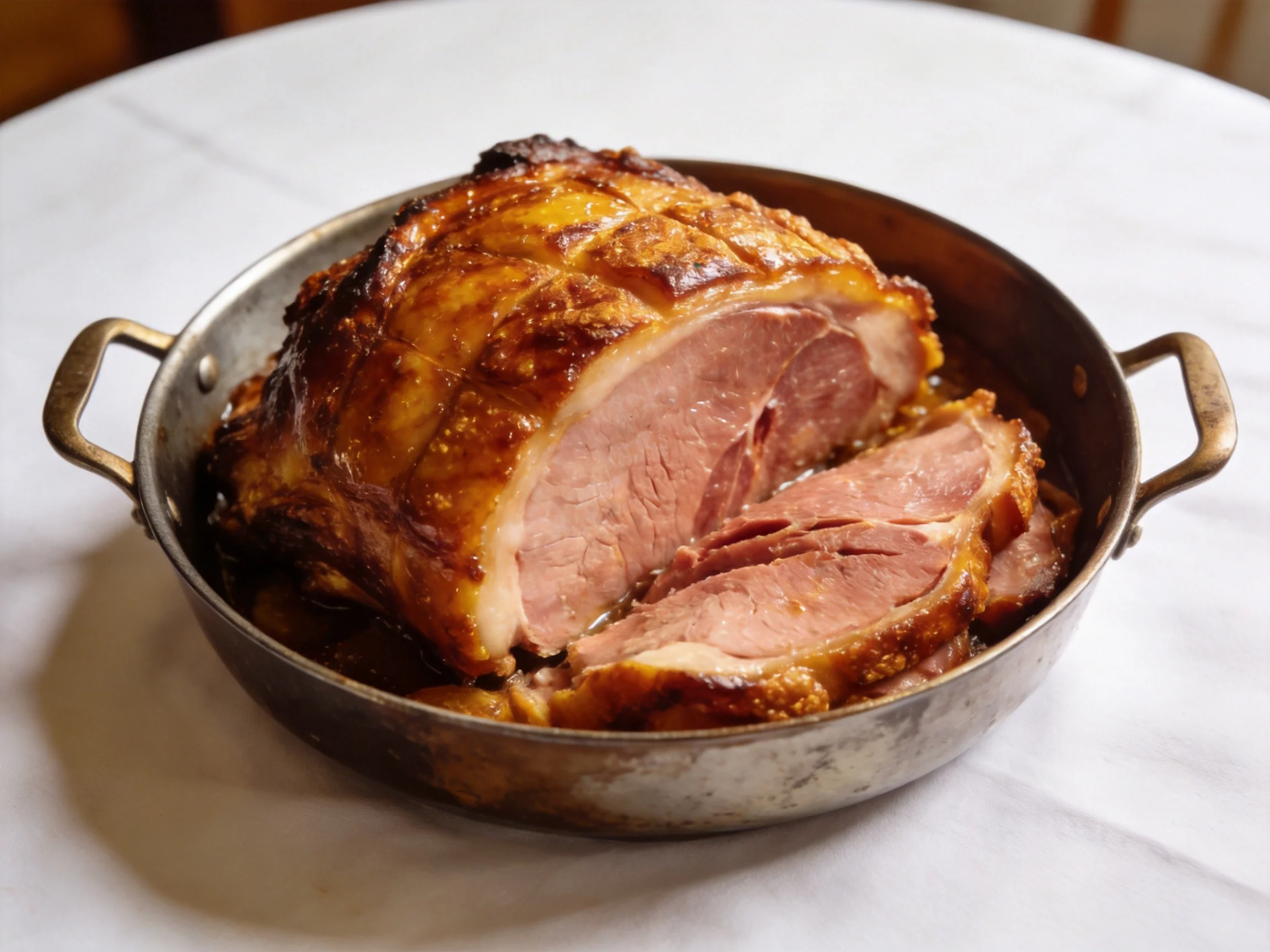 Golden-brown roasted ham served in an aged metal pan