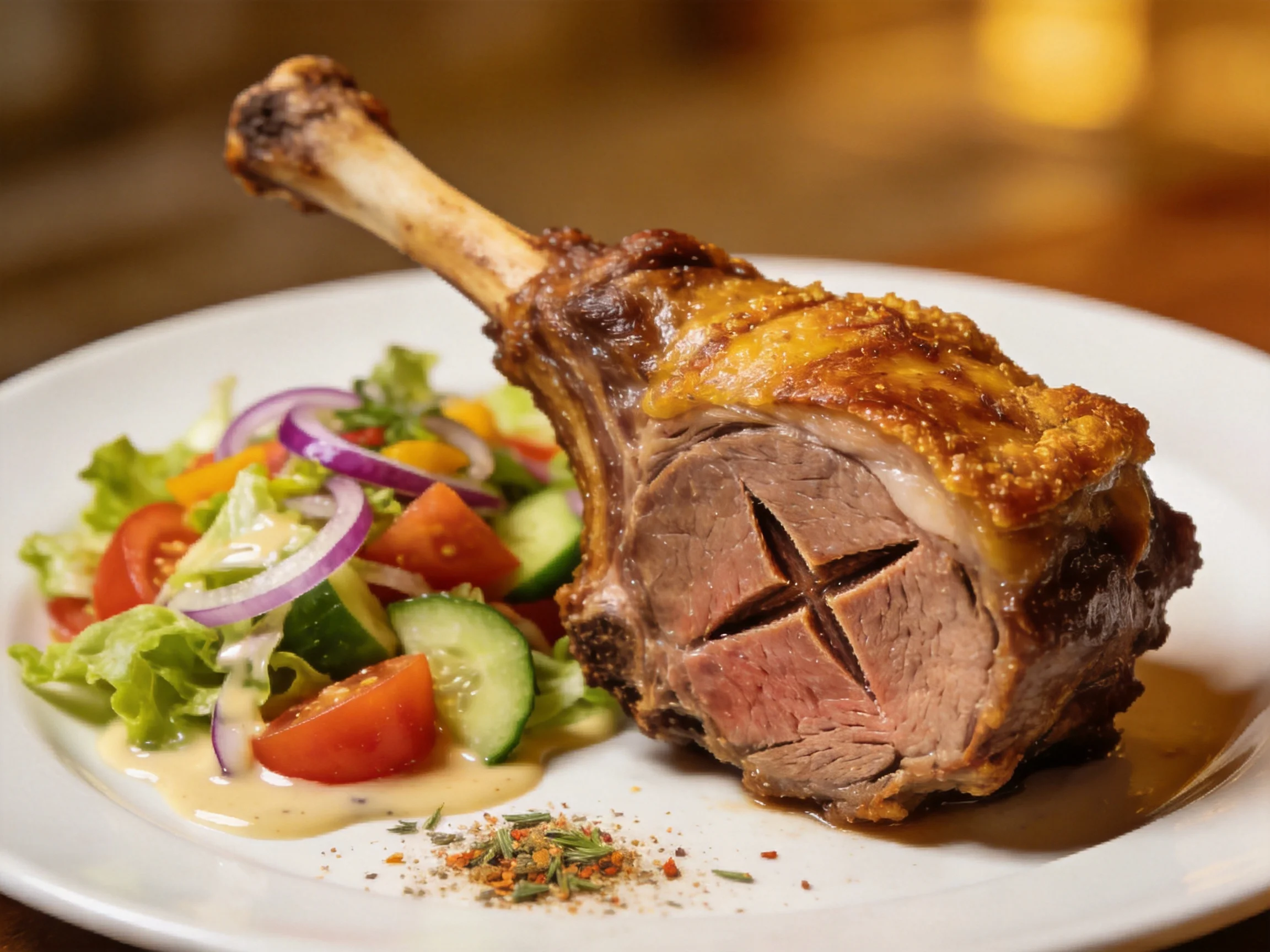 Golden-brown roasted lamb shank with mixed vegetable salad