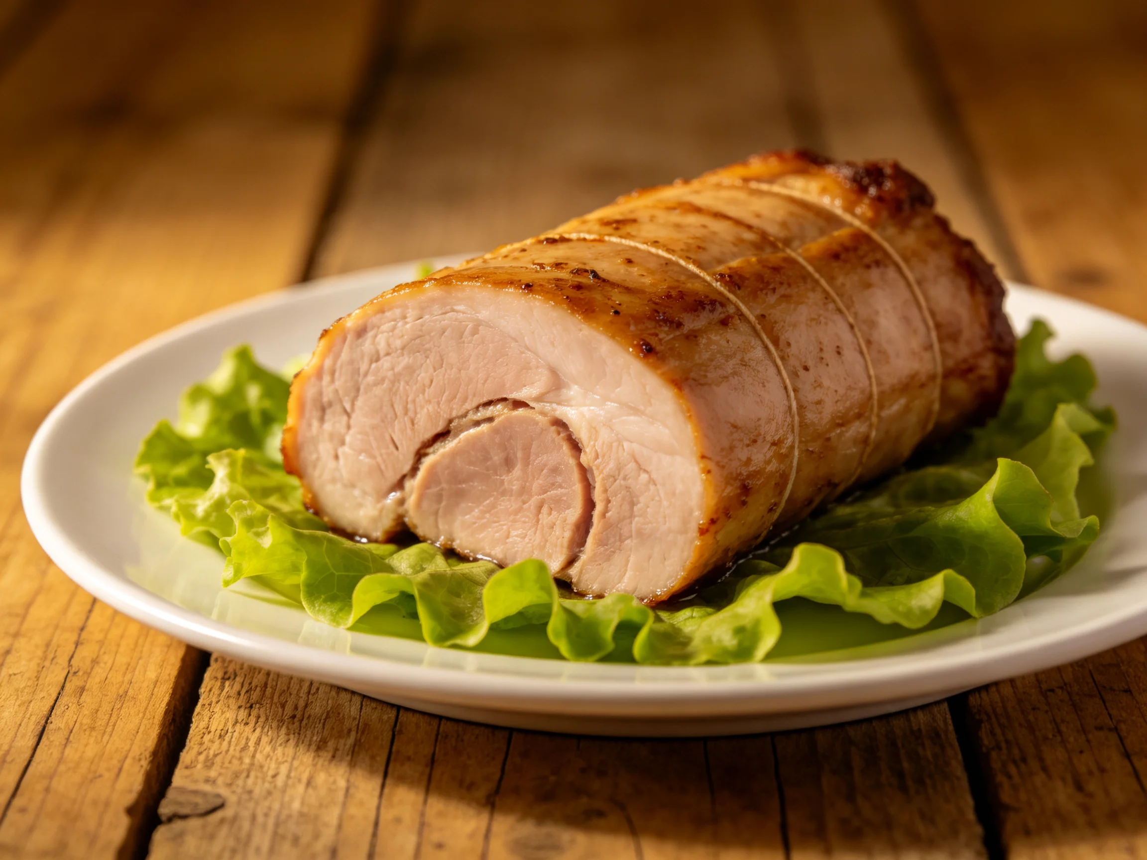 Golden-brown roasted pork roast served on fresh green lettuce
