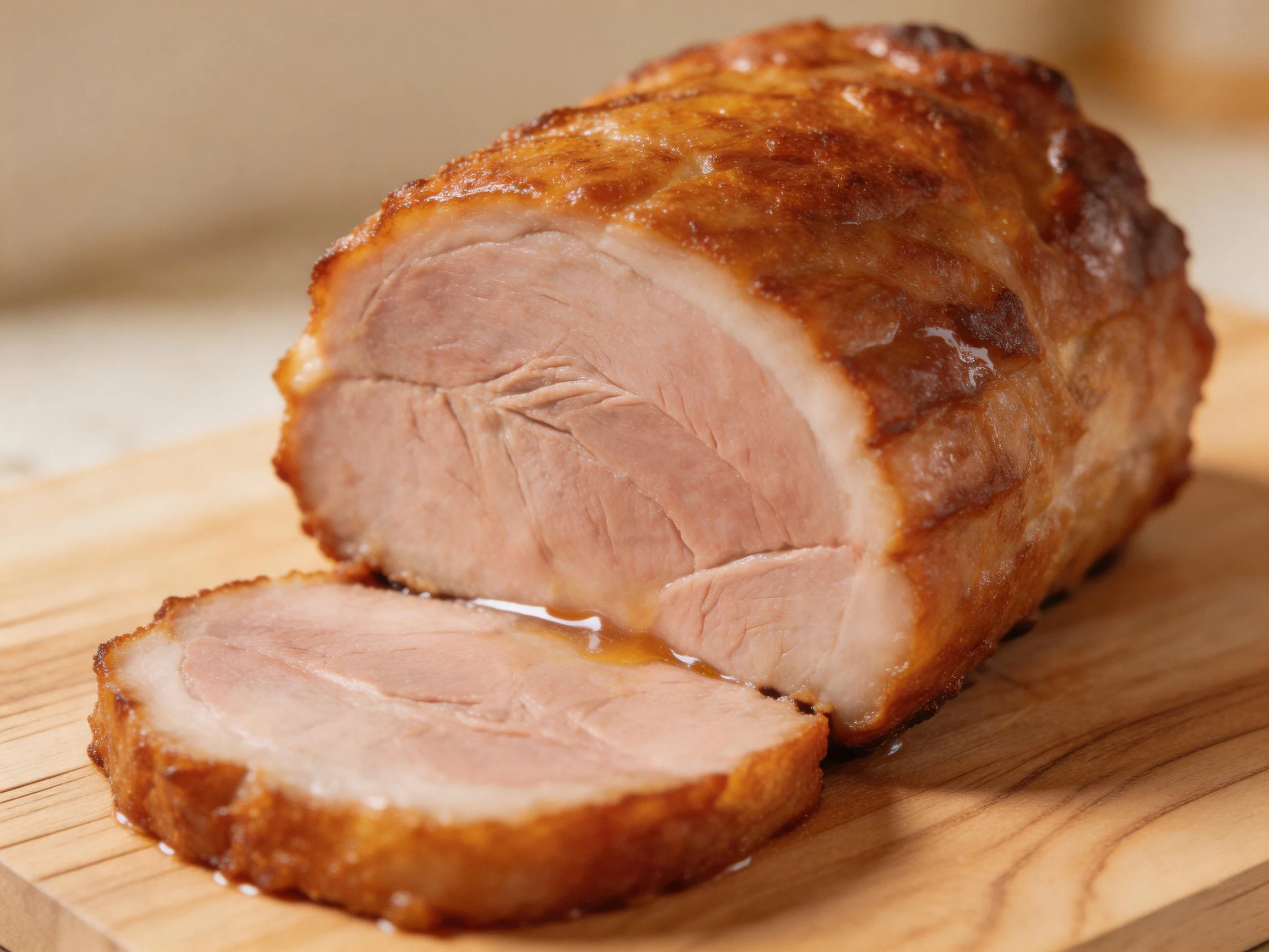 Golden-brown roasted pork roast sliced on a wooden cutting board